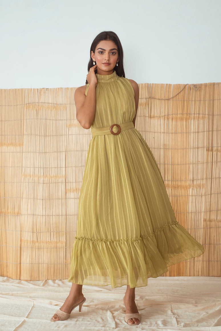 Lime Green Dress at Kamakhyaa by Taro. This item is Best Selling, Cotton, Evening Wear, FB ADS JUNE, Green, Halter Neck Dresses, Handloom Blend, Indo-Western, July Sale, July Sale 2023, Midi Dresses, Natural, Relaxed Fit, Rozana Taro, Solid Selfmade, Textured, Womenswear