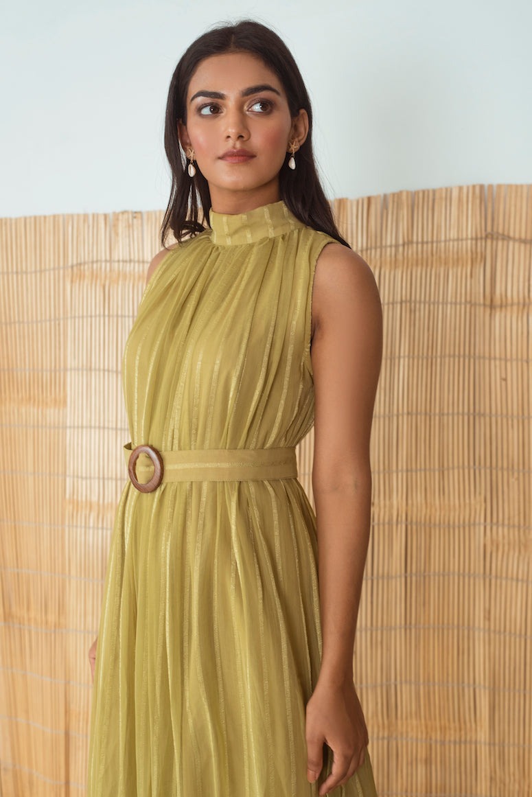 Lime Green Dress at Kamakhyaa by Taro. This item is Best Selling, Cotton, Evening Wear, FB ADS JUNE, Green, Halter Neck Dresses, Handloom Blend, Indo-Western, July Sale, July Sale 2023, Midi Dresses, Natural, Relaxed Fit, Rozana Taro, Solid Selfmade, Textured, Womenswear