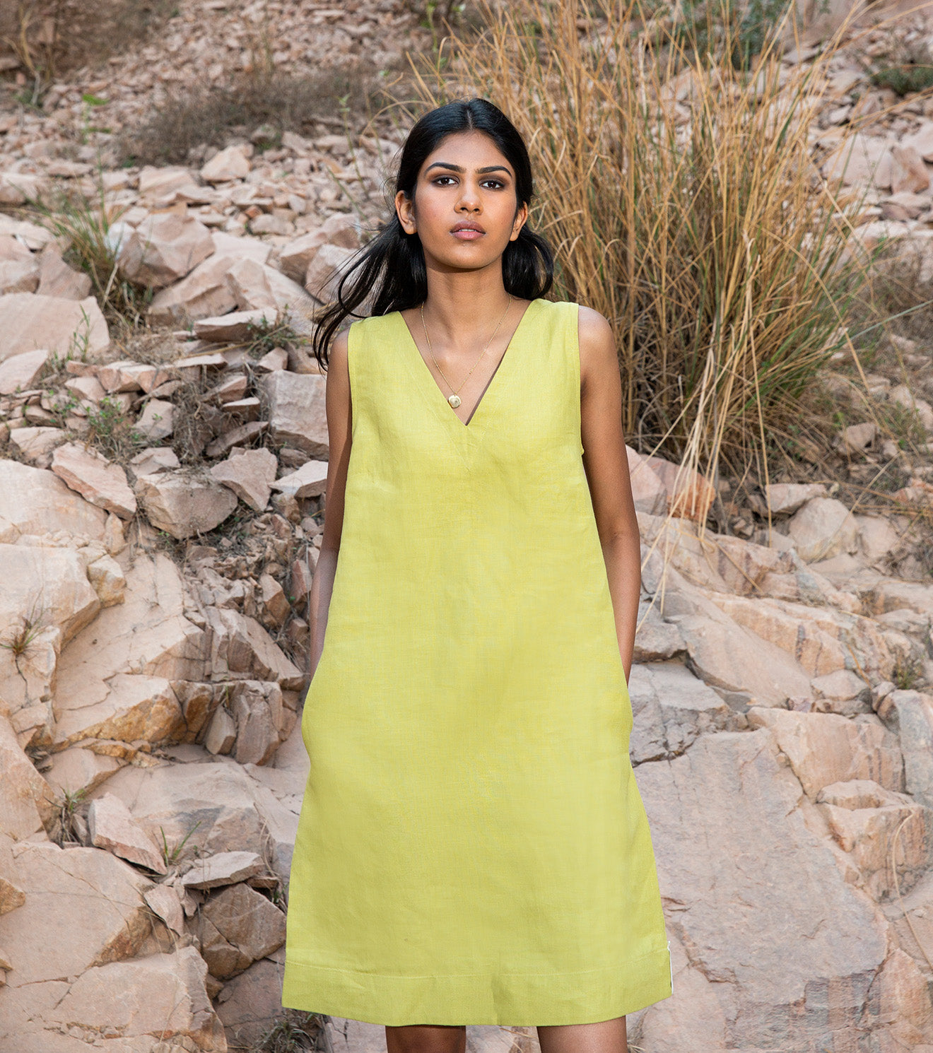Lime Green Mini Dress at Kamakhyaa by Khara Kapas. This item is 32 Days, Green, Linen, Mini Dresses, Natural, Relaxed Fit, Resort Wear, Sleeveless Dresses, Solids, Womenswear
