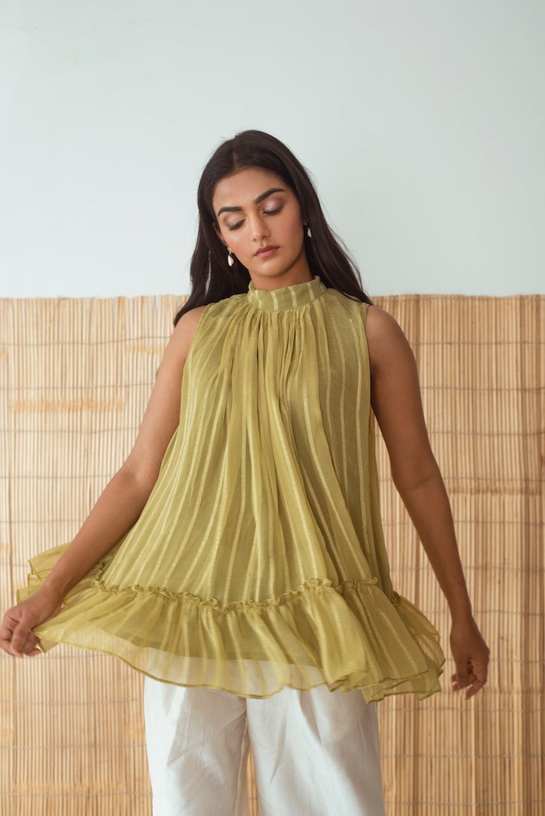 Lime Green Top at Kamakhyaa by Taro. This item is Cotton, Embroidered, Evening Wear, For Mother, For Mother W, Green, Halter Neck Tops, Handloom Blend, July Sale, July Sale 2023, Natural, Rozana Taro, Textured, Womenswear
