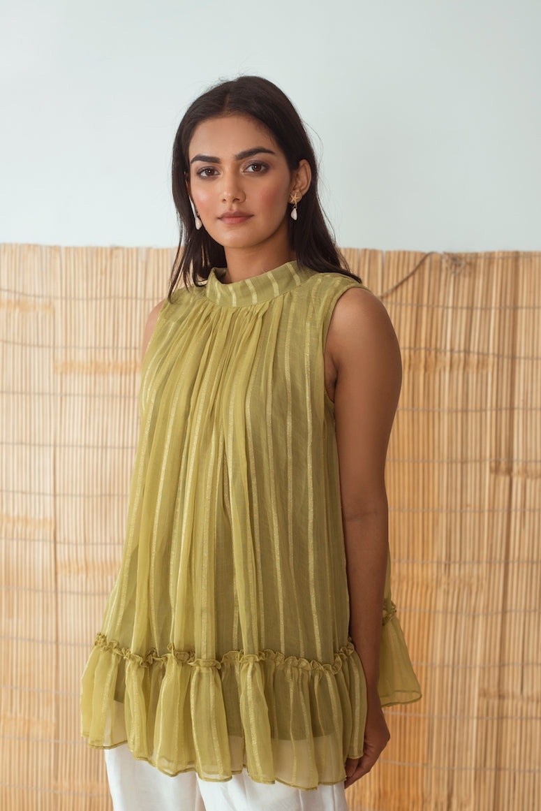 Lime Green Top at Kamakhyaa by Taro. This item is Cotton, Embroidered, Evening Wear, For Mother, For Mother W, Green, Halter Neck Tops, Handloom Blend, July Sale, July Sale 2023, Natural, Rozana Taro, Textured, Womenswear