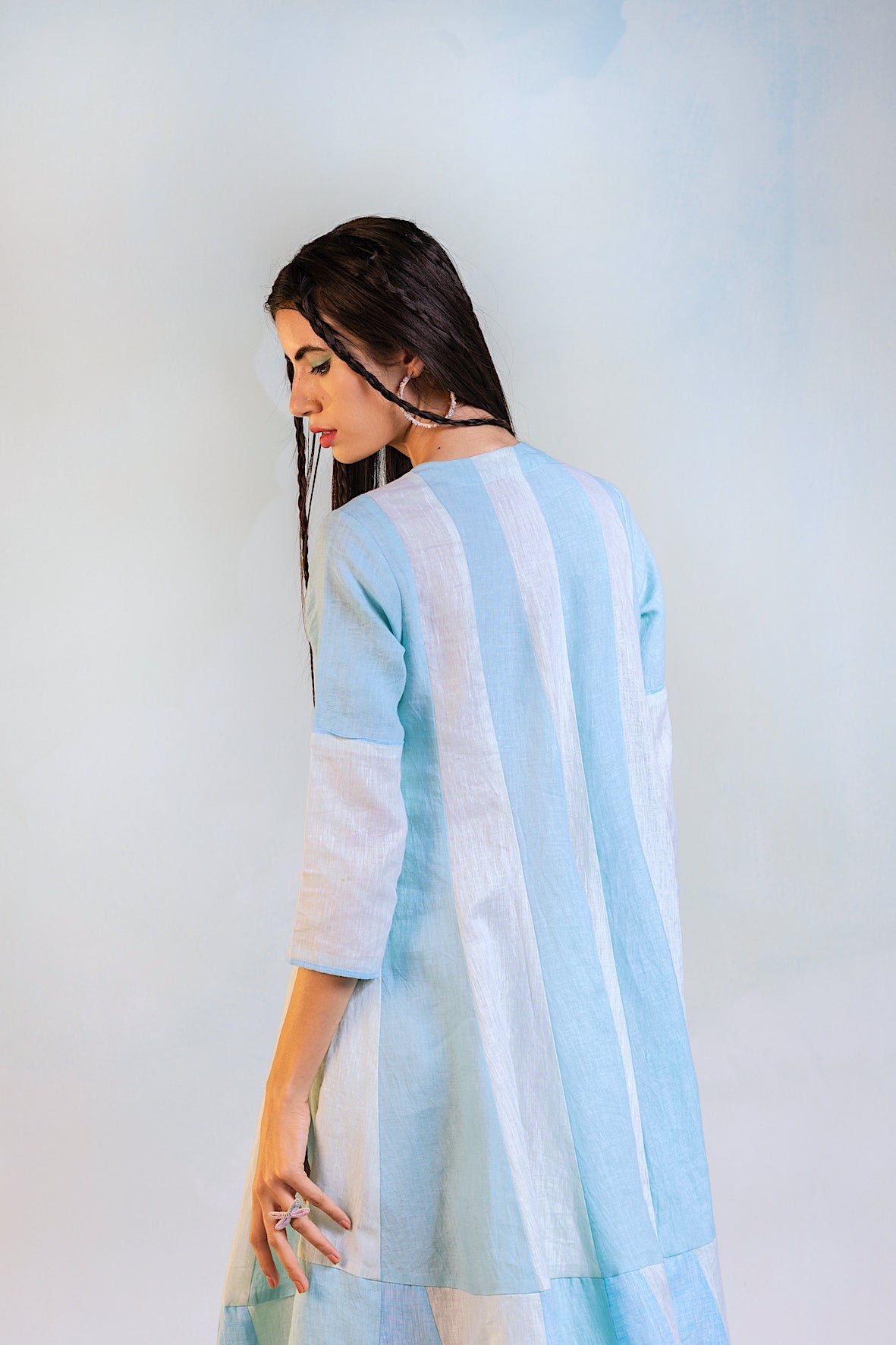 Linen Anarkali Dress at Kamakhyaa by Charkhee. This item is Best Selling, Blue, Casual Wear, Green, Linen, Midi Dresses, Natural, Regular Fit, Resort Wear, Textured, Womenswear
