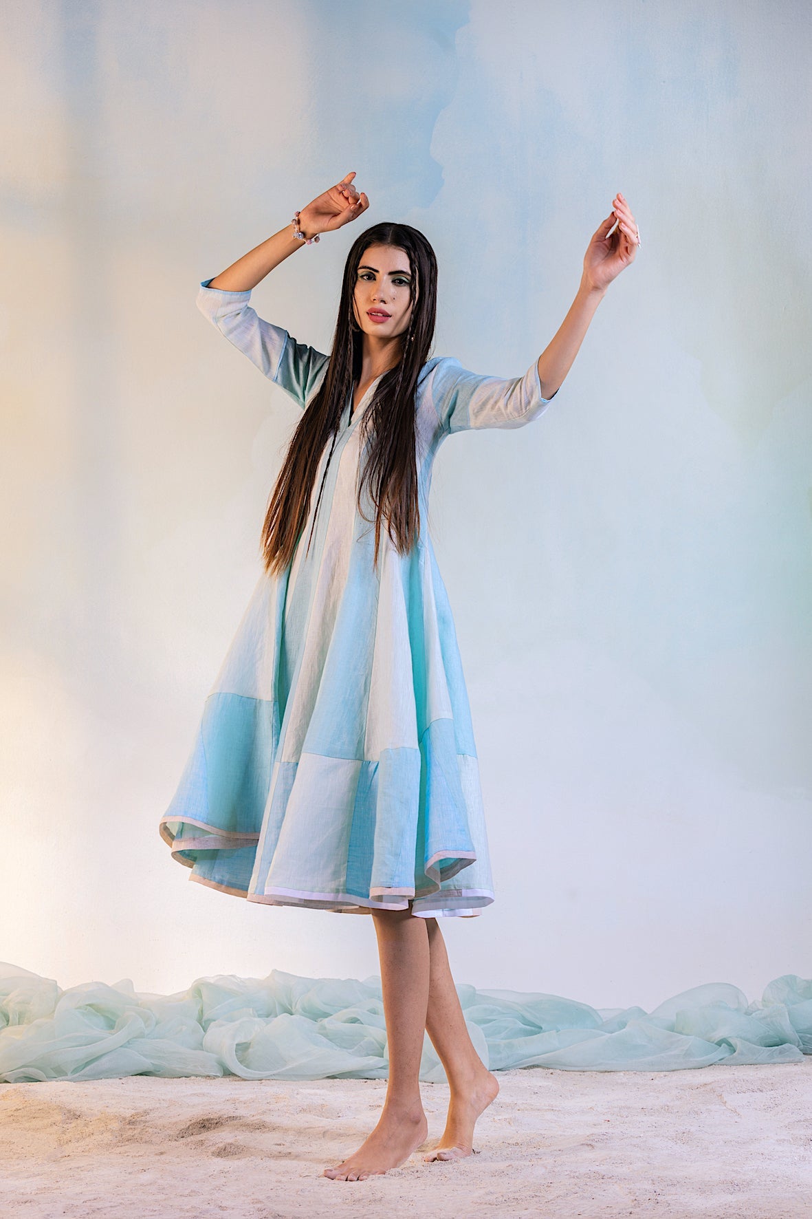 Linen Anarkali Dress at Kamakhyaa by Charkhee. This item is Best Selling, Blue, Casual Wear, Green, Linen, Midi Dresses, Natural, Regular Fit, Resort Wear, Textured, Womenswear