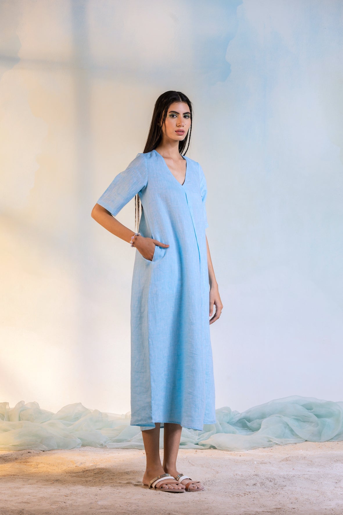 Linen Centre Pleat Dress at Kamakhyaa by Charkhee. This item is Best Selling, Blue, Casual Wear, Linen, Midi Dresses, Natural, Regular Fit, Textured, Womenswear