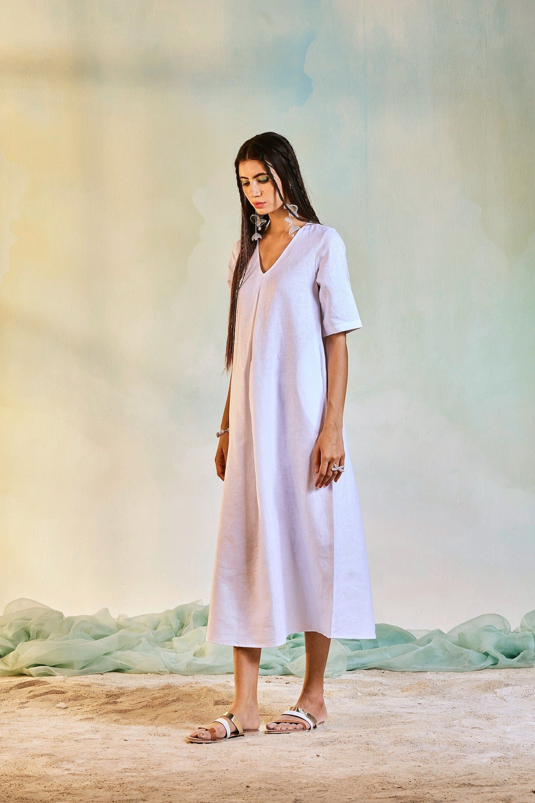 Linen Centre Pleat Dress at Kamakhyaa by Charkhee. This item is Best Selling, Casual Wear, Linen, Midi Dresses, Natural, Regular Fit, Textured, White, Womenswear