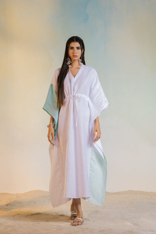 Linen Kaftan at Kamakhyaa by Charkhee. This item is Casual Wear, Kaftans, Linen, Midi Dresses, Natural, Relaxed Fit, Resort Wear, Textured, White, Womenswear