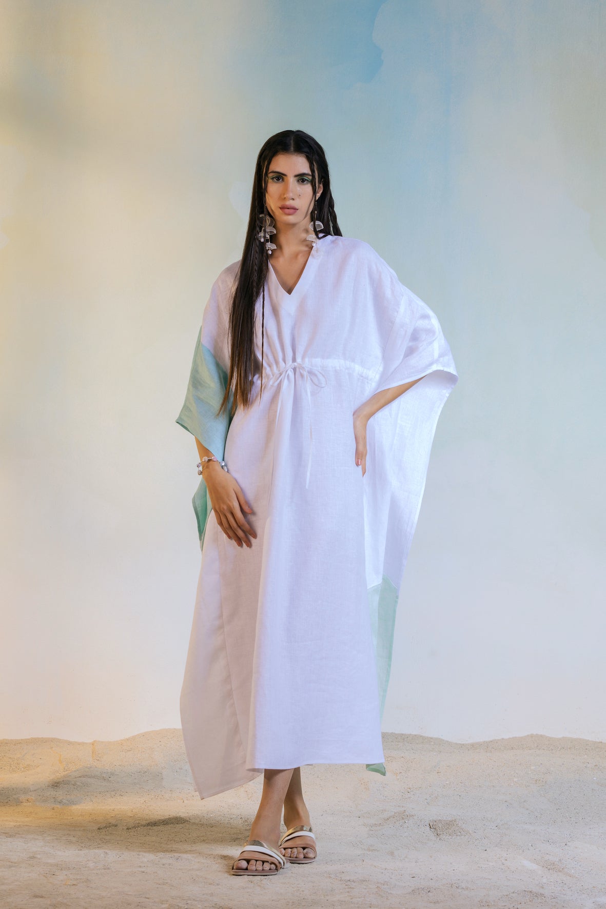 Linen Kaftan at Kamakhyaa by Charkhee. This item is Casual Wear, Kaftans, Linen, Midi Dresses, Natural, Relaxed Fit, Resort Wear, Textured, White, Womenswear
