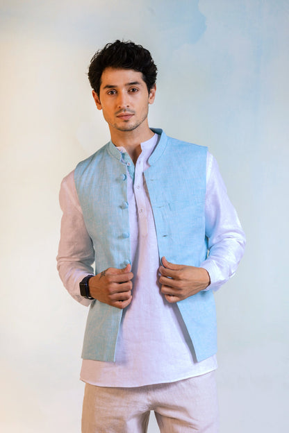 Linen Nehru Jacket at Kamakhyaa by Charkhee. This item is Best Selling, Blue, Casual Wear, Indian Wear, Indianwear Jackets, Jackets, Linen, Mens Overlay, Menswear, Natural, Regular Fit, Textured, Wedding Gifts
