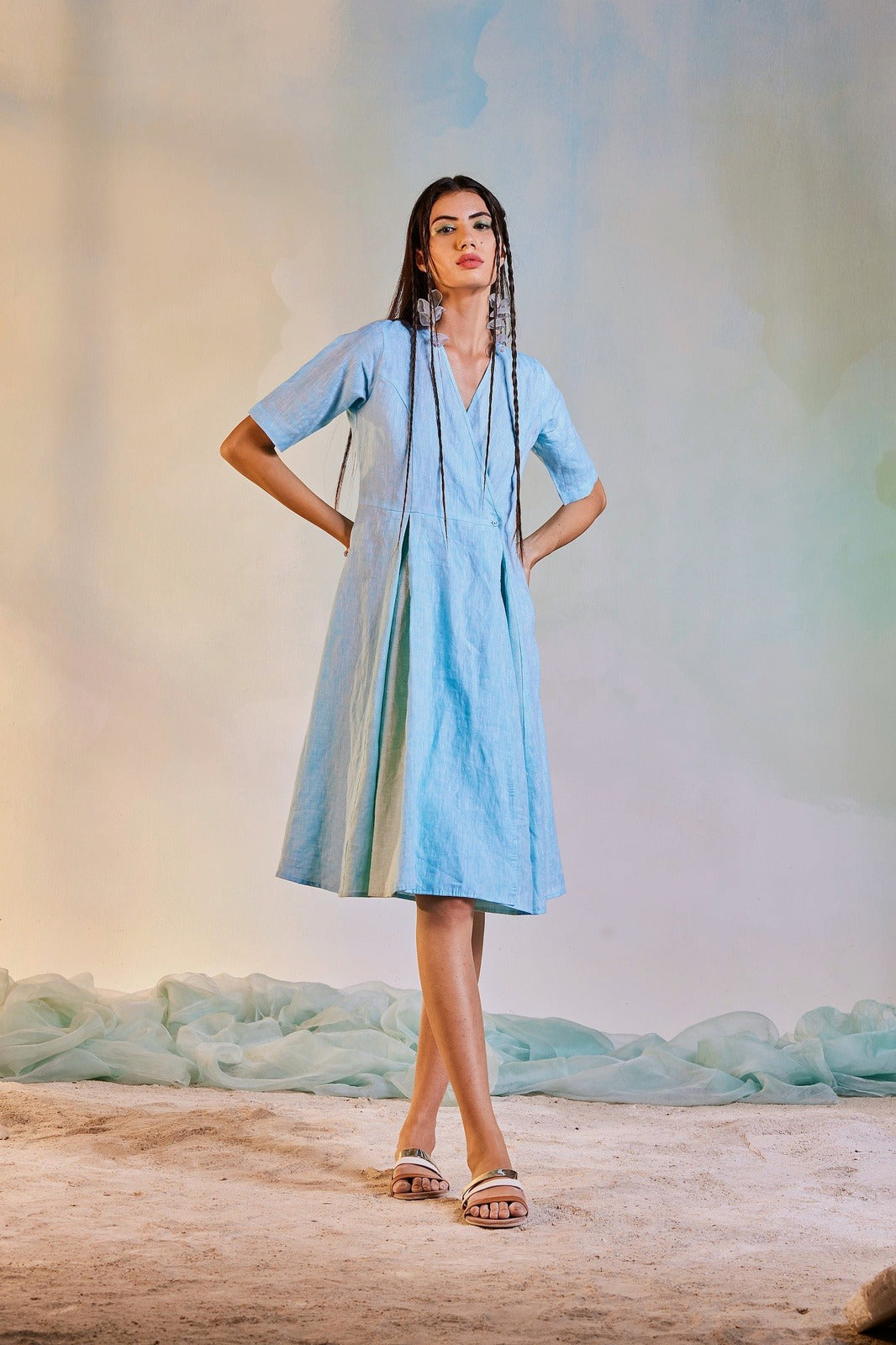 Linen Short Wrap Dress at Kamakhyaa by Charkhee. This item is Blue, Casual Wear, Linen, Natural, Regular Fit, Textured, Womenswear, Wrap Dresses