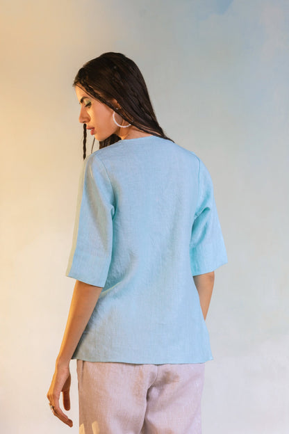 Linen Tie-Up Top at Kamakhyaa by Charkhee. This item is Blue, Casual Wear, Linen, Natural, Regular Fit, Textured, Tops, Womenswear, Wrap Tops