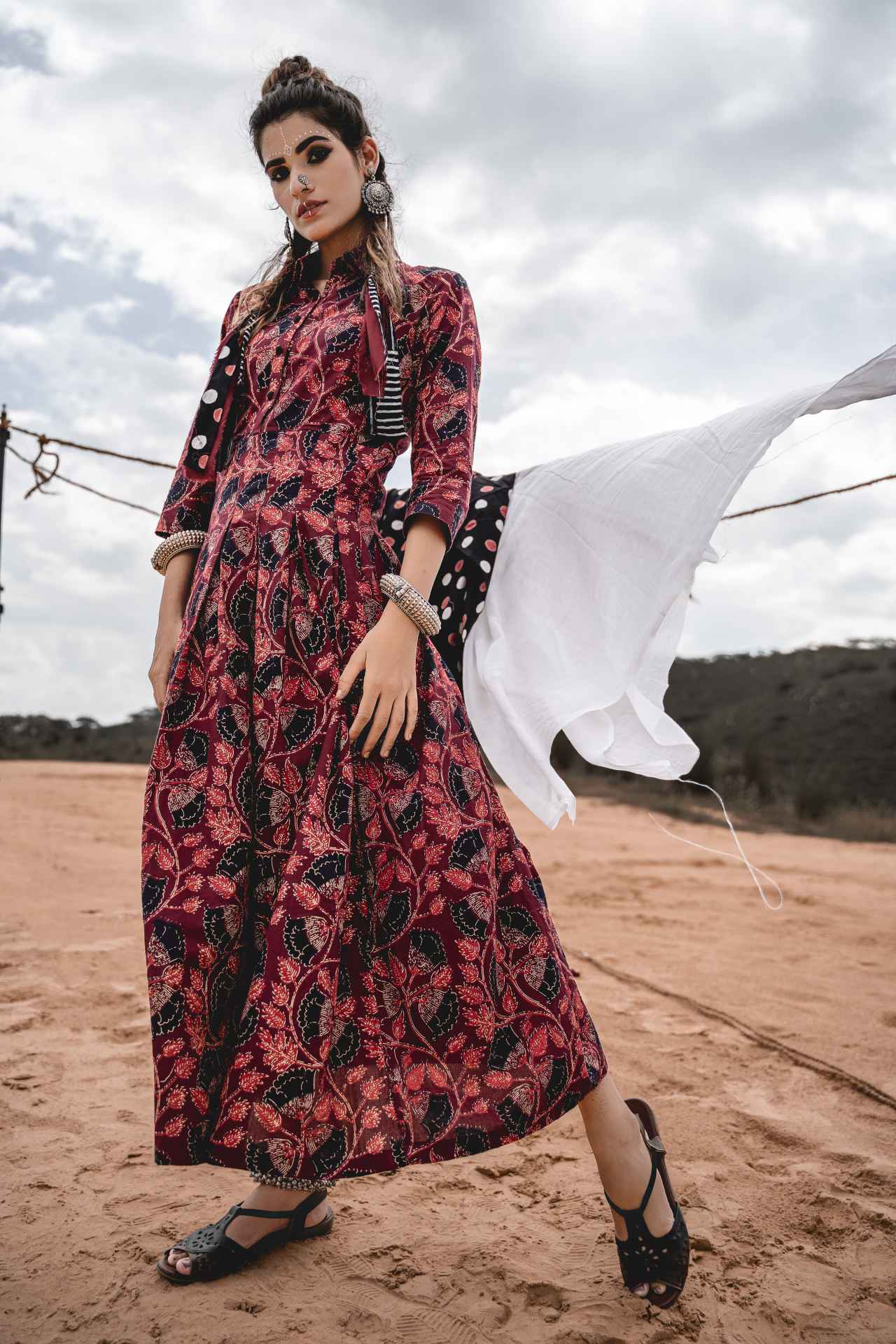 Long Dress With Collar at Kamakhyaa by Keva. This item is Block Prints, Cotton, Maxi Dresses, Natural, Red, Relaxed Fit, Resort Wear, Wild Child, Womenswear