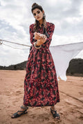 Long Dress With Collar at Kamakhyaa by Keva. This item is Block Prints, Cotton, Maxi Dresses, Natural, Red, Relaxed Fit, Resort Wear, Wild Child, Womenswear