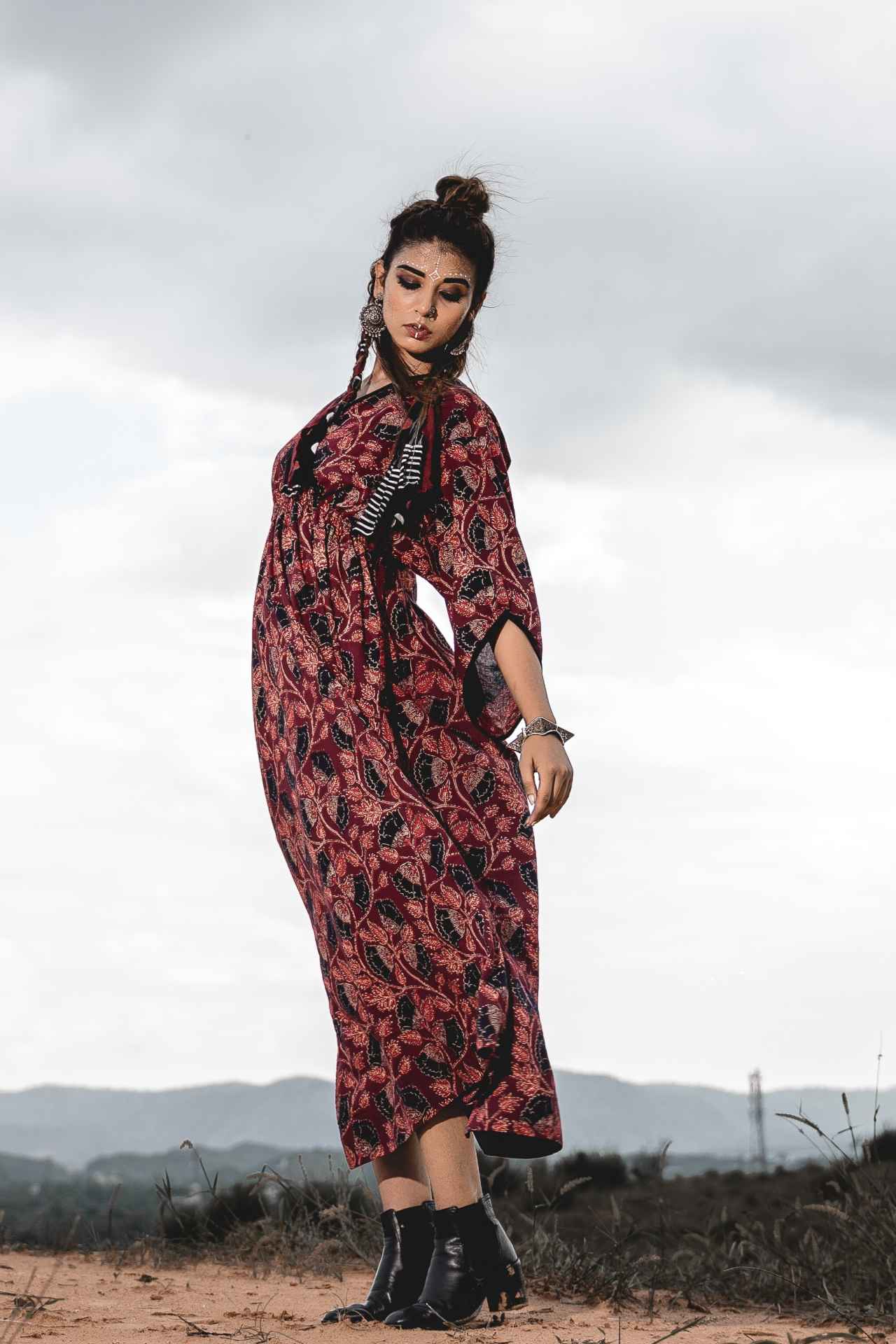 Long Kaftan Dress at Kamakhyaa by Keva. This item is Block Prints, Cotton, Kaftan Dresses, Kaftans, Maxi Dresses, Midi Dresses, Natural, Red, Relaxed Fit, Wild Child, Womenswear