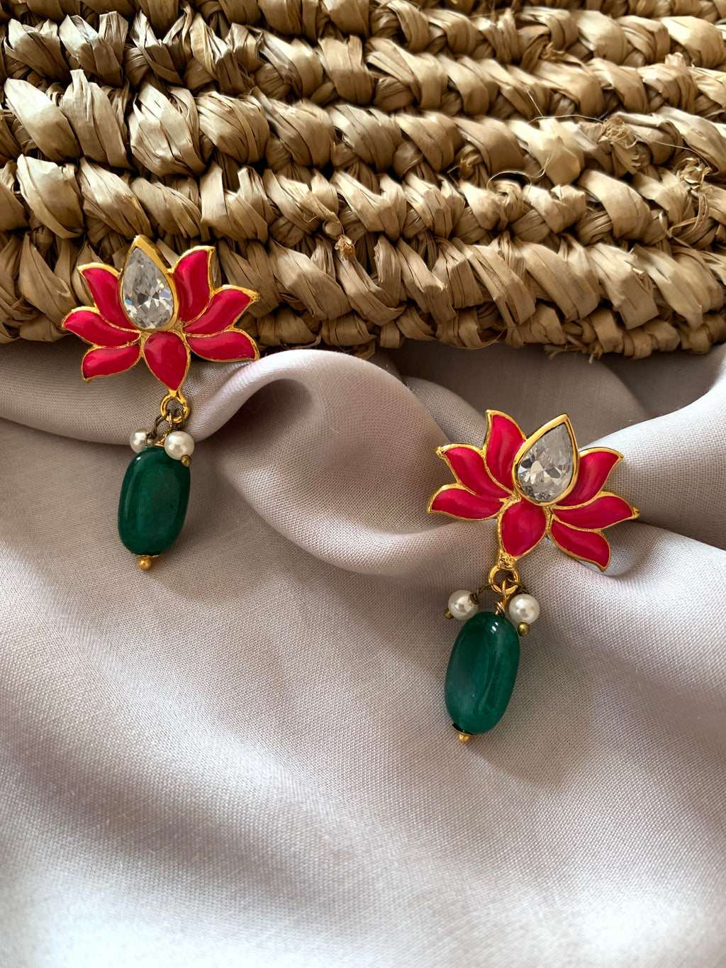 Lotus Earrings Brass, Casual Wear, Earrings, Free Size, Gold Plated, Pink, Re-polishable, Solids Kamakhyaa