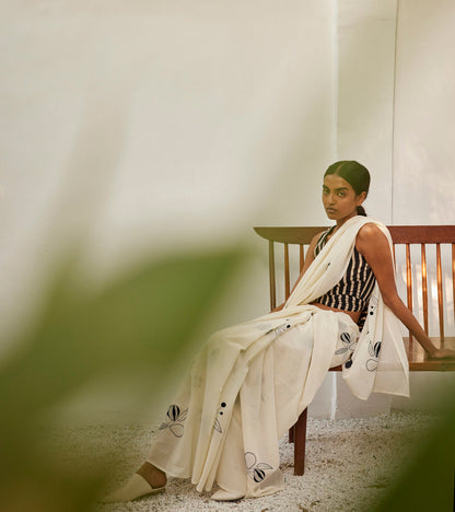 Luna Saree at Kamakhyaa by Khara Kapas. This item is Casual Wear, Free Size, Indian Wear, Mul Cotton, Oh! Sussana Spring 2023, Organic, Sarees, Solids, White, Womenswear