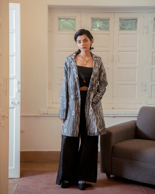 Luna Three Piece Set at Kamakhyaa by The Loom Art. This item is Black, Casual Wear, Co-ord Sets, Handwoven Chanderi Silk, July Sale, July Sale 2023, Lucid Dreams, Luicid Dream, Office, Office Wear, Office Wear Co-ords, Organic, party, Party Wear Co-ords, Relaxed Fit, Solids, Womenswear