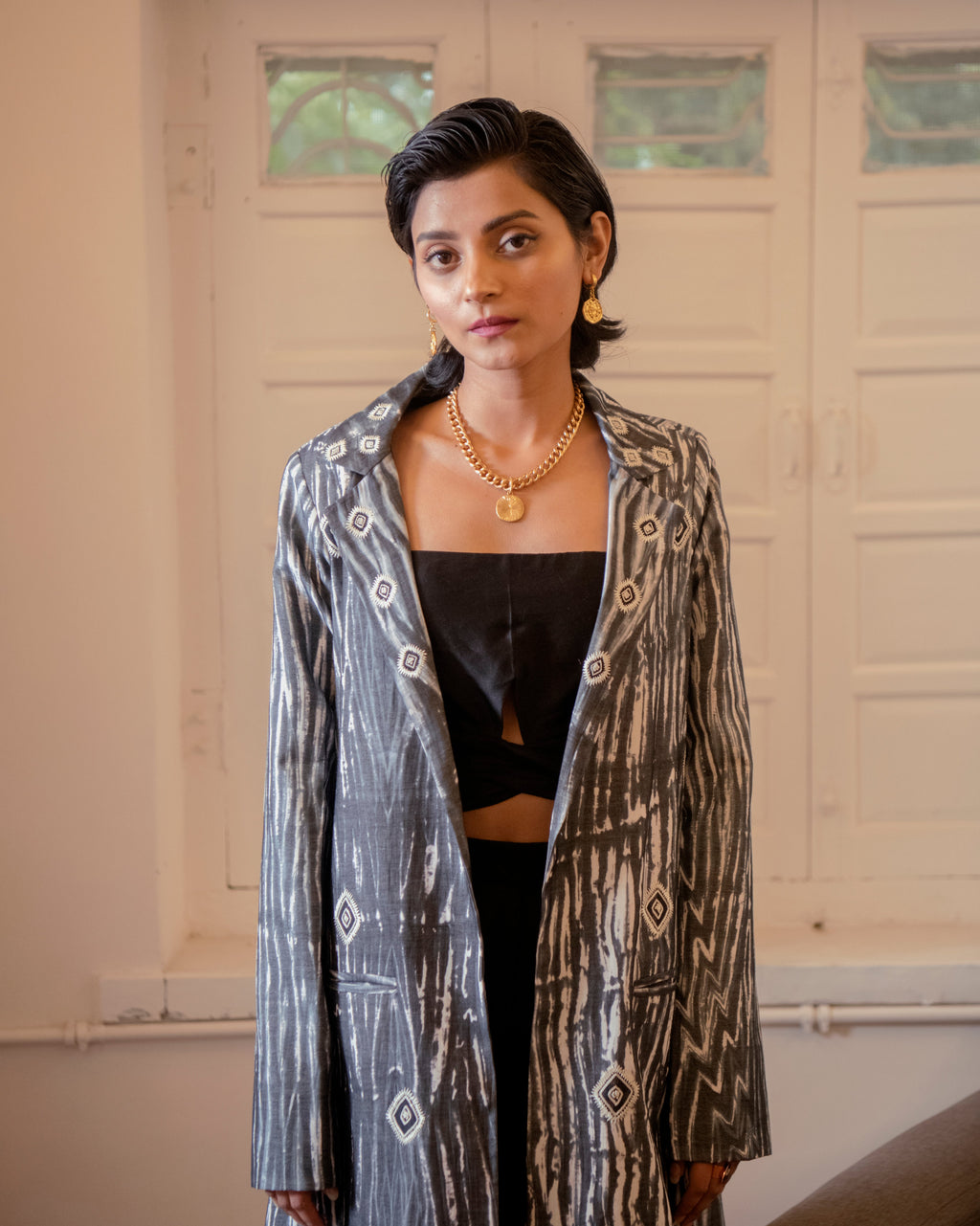 Luna Three Piece Set at Kamakhyaa by The Loom Art. This item is Black, Casual Wear, Co-ord Sets, Handwoven Chanderi Silk, July Sale, July Sale 2023, Lucid Dreams, Luicid Dream, Office, Office Wear, Office Wear Co-ords, Organic, party, Party Wear Co-ords, Relaxed Fit, Solids, Womenswear