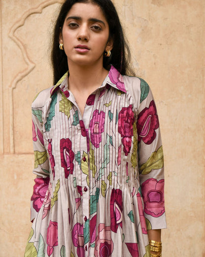 Magnolia Shirt Kurta at Kamakhyaa by Taro. This item is Best Selling, Casual Wear, Digital Print, Enchanted Garden, Evening Wear, Grey, Handcrafted buttons, Indian Wear, July Sale, July Sale 2023, Kurta Pant Sets, Natural, Natural with azo free dyes, Relaxed Fit, Silk Chanderi, Womenswear