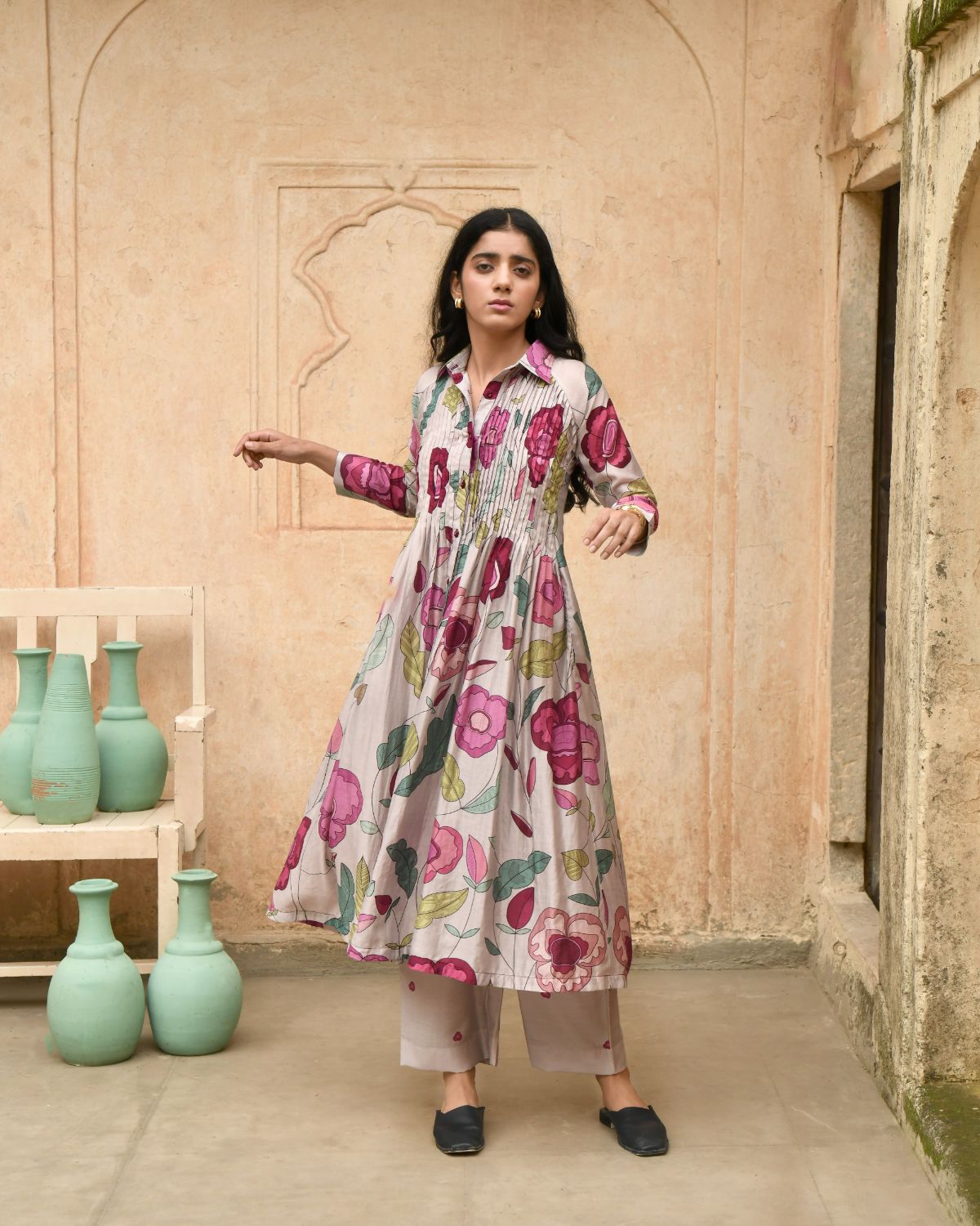 Magnolia Shirt Kurta at Kamakhyaa by Taro. This item is Best Selling, Casual Wear, Digital Print, Enchanted Garden, Evening Wear, Grey, Handcrafted buttons, Indian Wear, July Sale, July Sale 2023, Kurta Pant Sets, Natural, Natural with azo free dyes, Relaxed Fit, Silk Chanderi, Womenswear
