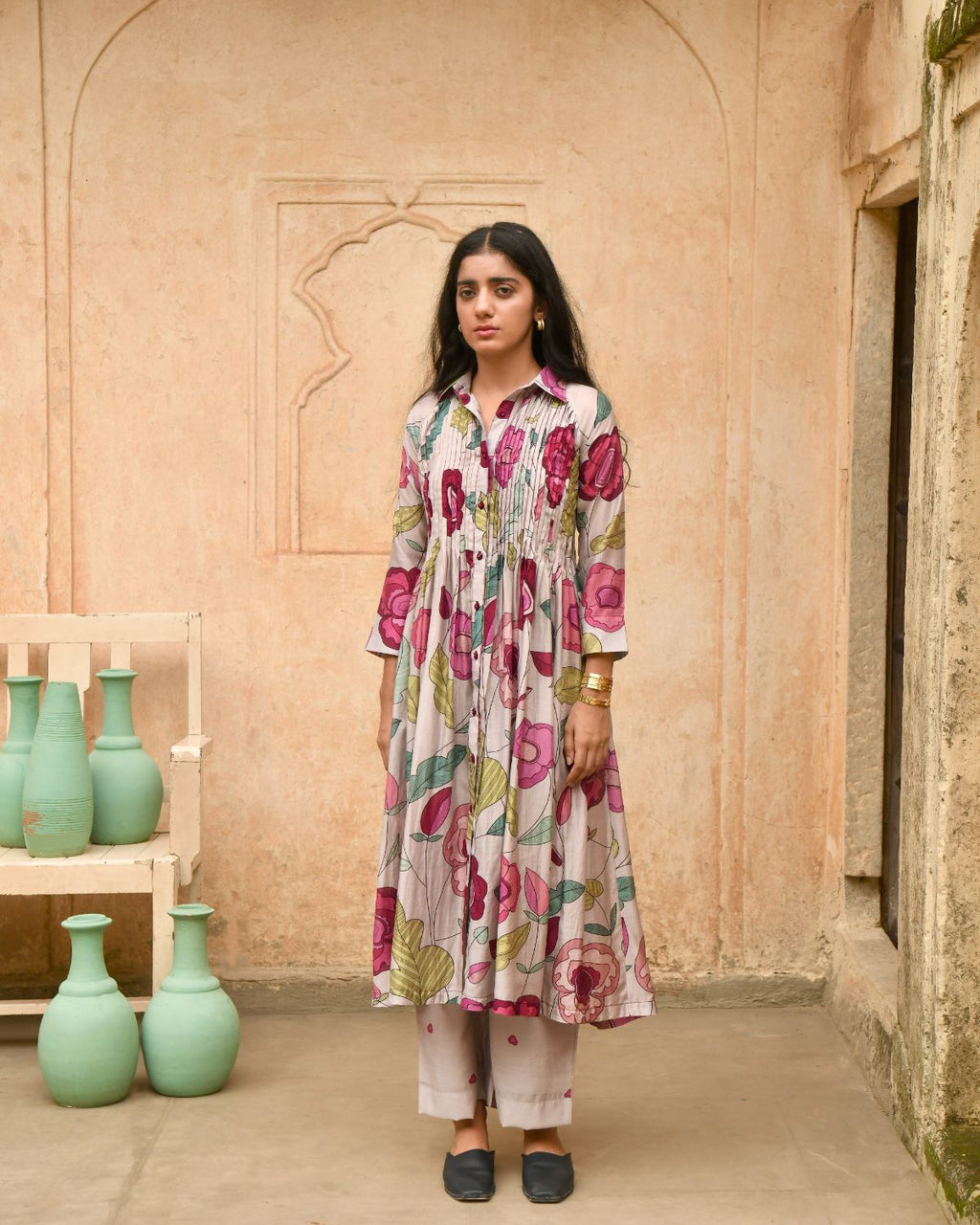 Magnolia Shirt Kurta at Kamakhyaa by Taro. This item is Best Selling, Casual Wear, Digital Print, Enchanted Garden, Evening Wear, Grey, Handcrafted buttons, Indian Wear, July Sale, July Sale 2023, Kurta Pant Sets, Natural, Natural with azo free dyes, Relaxed Fit, Silk Chanderi, Womenswear
