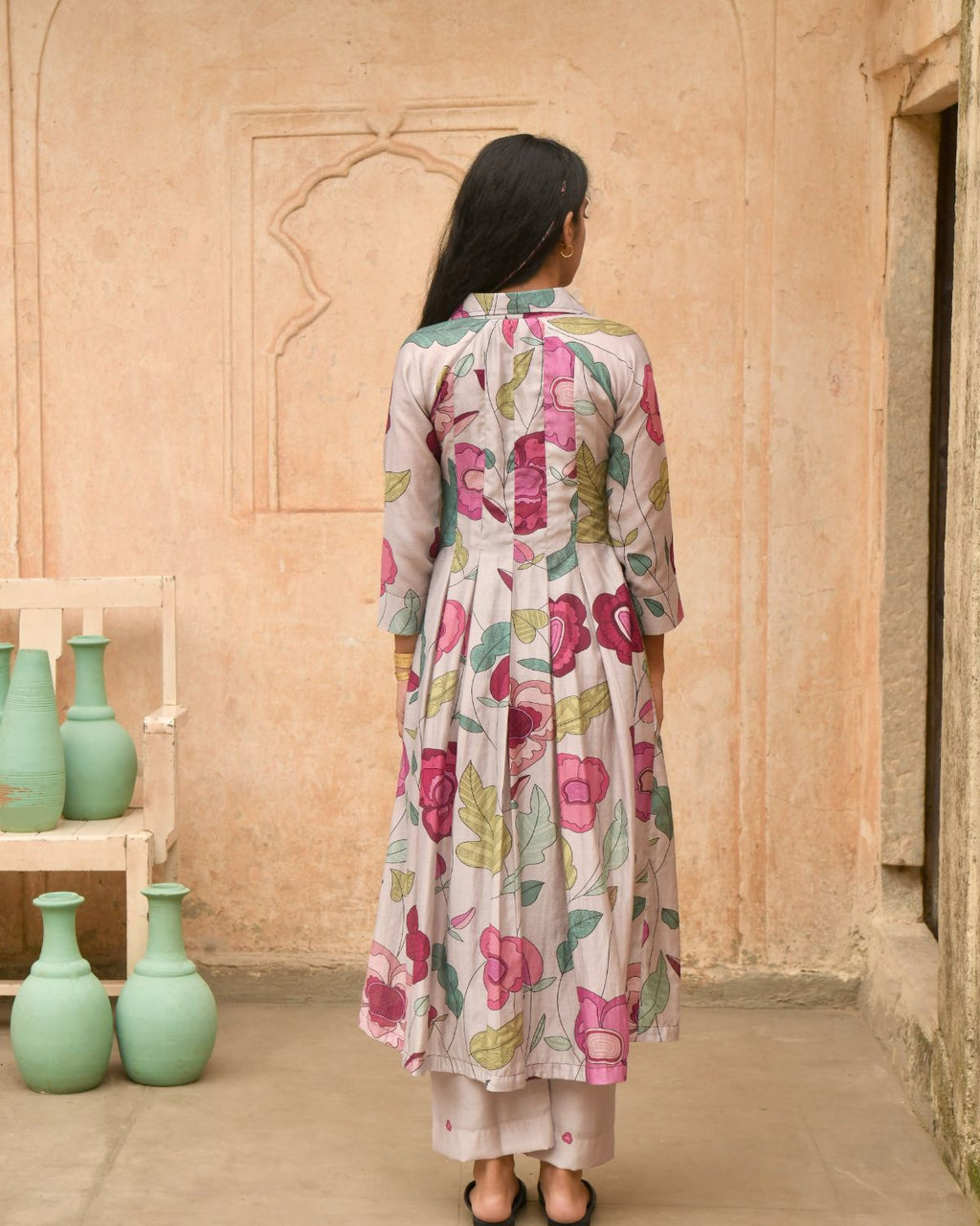 Magnolia Shirt Kurta at Kamakhyaa by Taro. This item is Best Selling, Casual Wear, Digital Print, Enchanted Garden, Evening Wear, Grey, Handcrafted buttons, Indian Wear, July Sale, July Sale 2023, Kurta Pant Sets, Natural, Natural with azo free dyes, Relaxed Fit, Silk Chanderi, Womenswear