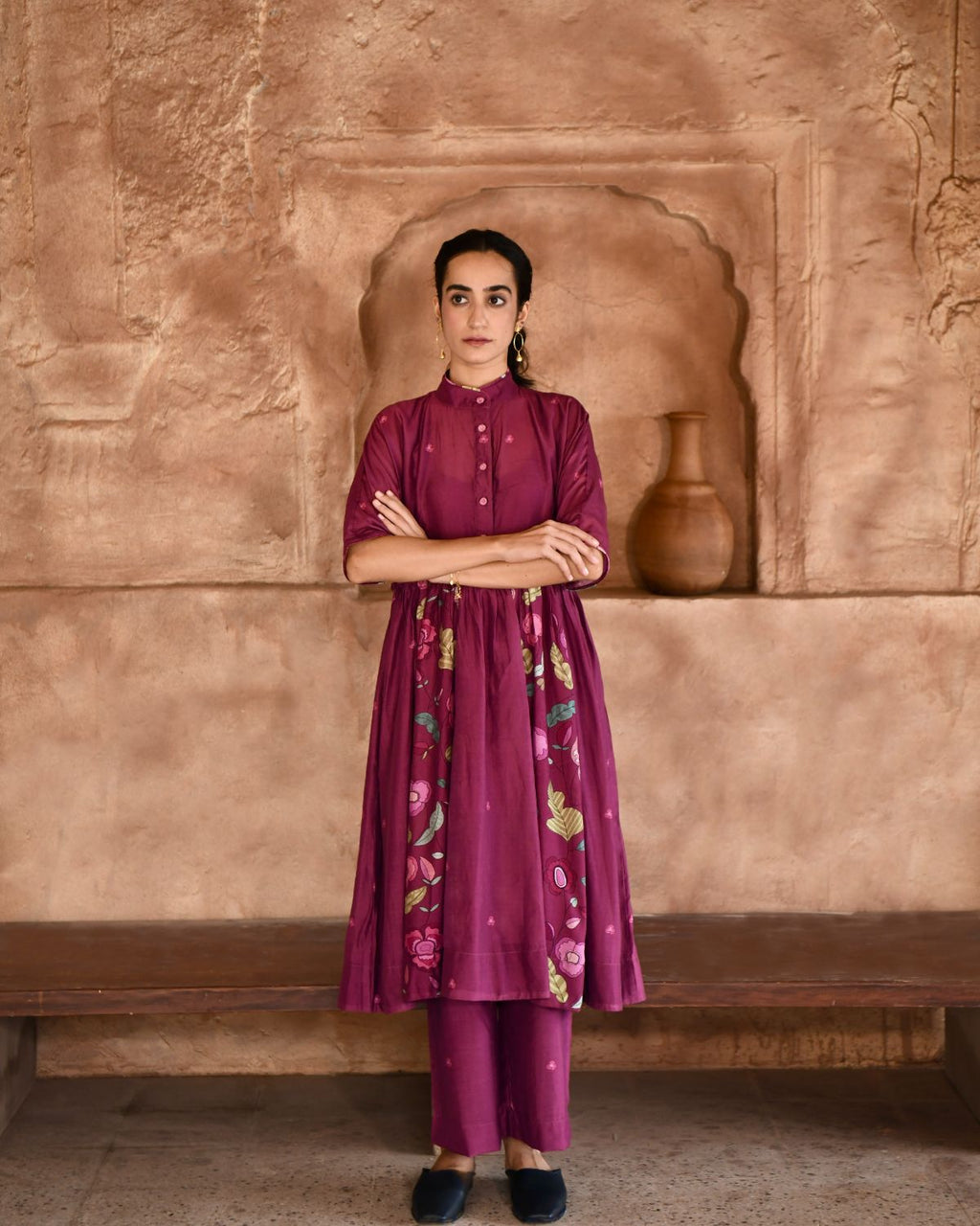 Mahogany Kurta Set With Dupatta at Kamakhyaa by Taro. This item is Beads work, Chanderi Silk, Cotton, Digital Print, Enchanted Garden, Evening Wear, Indian Wear, July Sale, July Sale 2023, Kurta Pant Sets, Kurta Set With Dupatta, Natural, Natural with azo free dyes, Red, Relaxed Fit, Womenswear