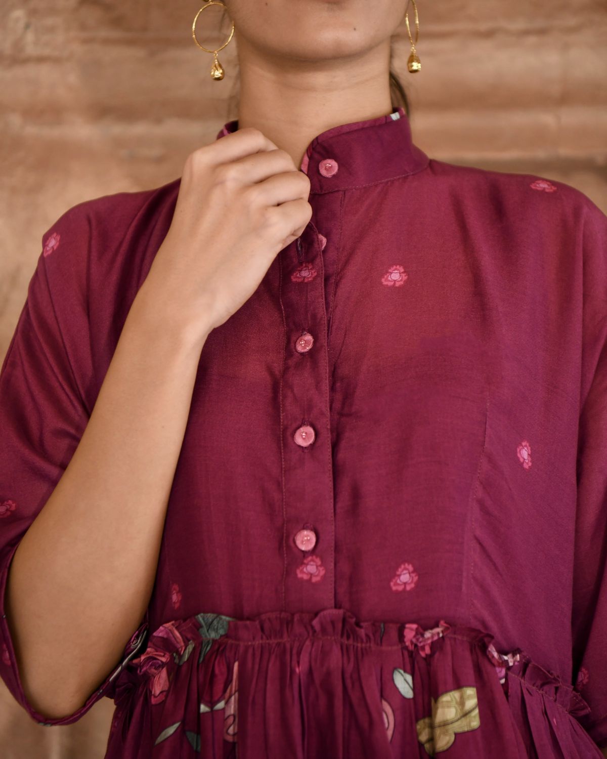Mahogany Kurta Set With Dupatta at Kamakhyaa by Taro. This item is Beads work, Chanderi Silk, Cotton, Digital Print, Enchanted Garden, Evening Wear, Indian Wear, July Sale, July Sale 2023, Kurta Pant Sets, Kurta Set With Dupatta, Natural, Natural with azo free dyes, Red, Relaxed Fit, Womenswear
