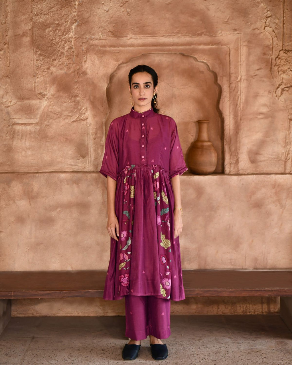Mahogany Kurta Set With Dupatta at Kamakhyaa by Taro. This item is Beads work, Chanderi Silk, Cotton, Digital Print, Enchanted Garden, Evening Wear, Indian Wear, July Sale, July Sale 2023, Kurta Pant Sets, Kurta Set With Dupatta, Natural, Natural with azo free dyes, Red, Relaxed Fit, Womenswear