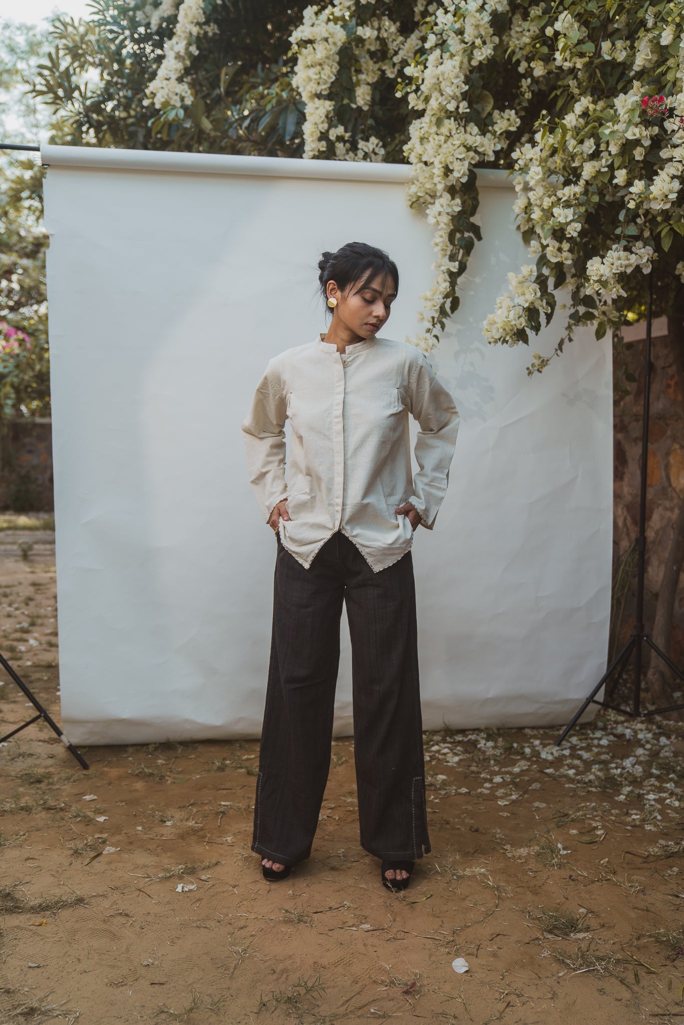 Mandarin Collar Blouse at Kamakhyaa by Lafaani. This item is 100% pure cotton, Blouses, Casual Wear, Kora, Organic, Regular Fit, Solids, Sonder, Undyed and Unbleached, Womenswear
