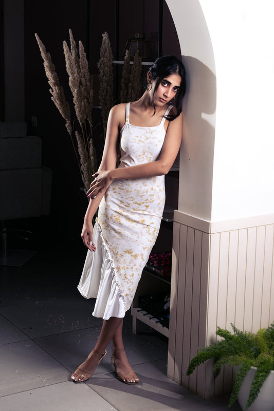 Marigold Eco Print Midi Dress at Kamakhyaa by Meko Studio. This item is Casual Wear, Cotton Terry, Deadstock Fabrics, July Sale, July Sale 2023, Maxi Dresses, Prints, Relaxed Fit, Reroot AW-21/22, Sleeveless Dresses, Strap Dresses, White, Womenswear