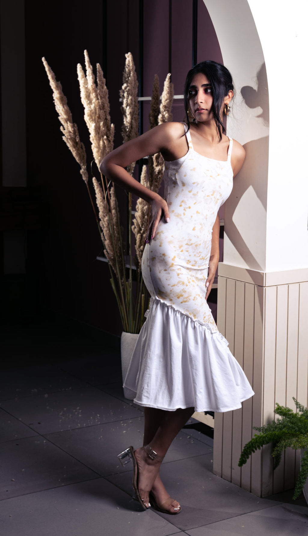 Marigold Eco Print Midi Dress at Kamakhyaa by Meko Studio. This item is Casual Wear, Cotton Terry, Deadstock Fabrics, July Sale, July Sale 2023, Maxi Dresses, Prints, Relaxed Fit, Reroot AW-21/22, Sleeveless Dresses, Strap Dresses, White, Womenswear