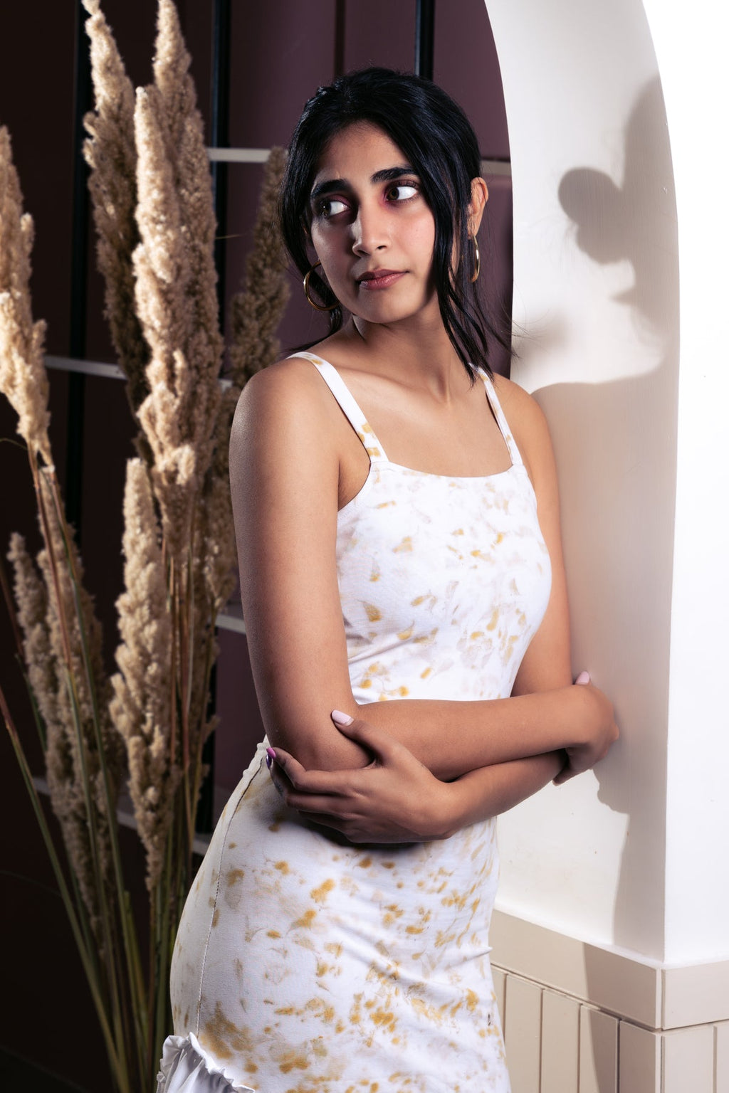 Marigold Eco Print Midi Dress at Kamakhyaa by Meko Studio. This item is Casual Wear, Cotton Terry, Deadstock Fabrics, July Sale, July Sale 2023, Maxi Dresses, Prints, Relaxed Fit, Reroot AW-21/22, Sleeveless Dresses, Strap Dresses, White, Womenswear