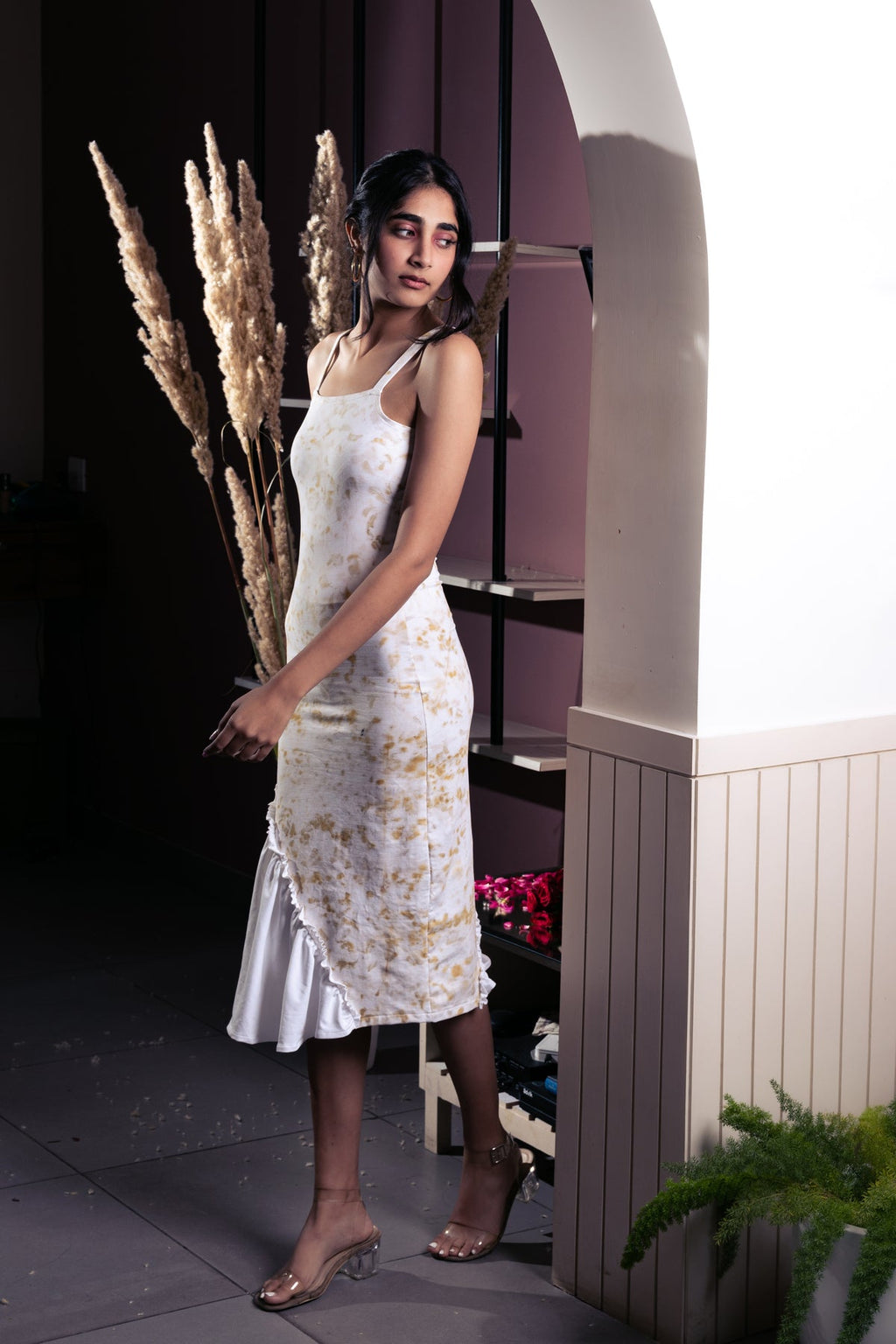 Marigold Eco Print Midi Dress at Kamakhyaa by Meko Studio. This item is Casual Wear, Cotton Terry, Deadstock Fabrics, July Sale, July Sale 2023, Maxi Dresses, Prints, Relaxed Fit, Reroot AW-21/22, Sleeveless Dresses, Strap Dresses, White, Womenswear