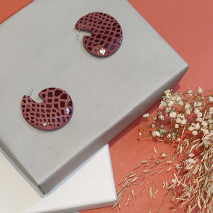 Maroon Cirque Studs Earrings at Kamakhyaa by Noupelle. This item is Casual Wear, Fashion Jewellery, Free Size, jewelry, Less than $50, Natural, Red, Stud Earrings, Upcycled, Upcycled leather