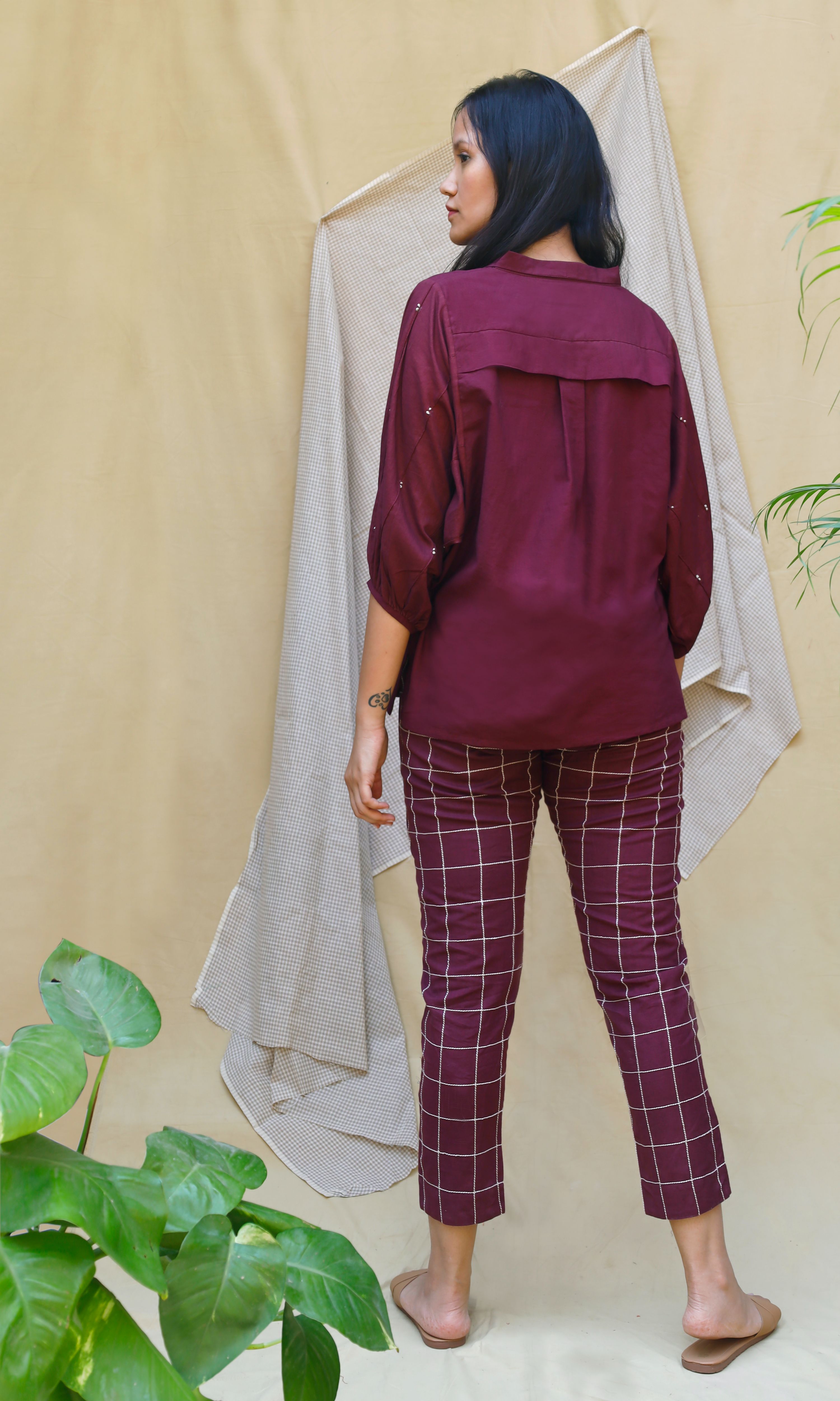 Maroon Collar Checks Complete Set at Kamakhyaa by Chambray & Co.. This item is Casual Wear, Co-ord Sets, Echo, Hand Spun Cotton, Linen, Natural, Purple, Regular Fit, Solids, Travel, Travel Co-ords, Womenswear