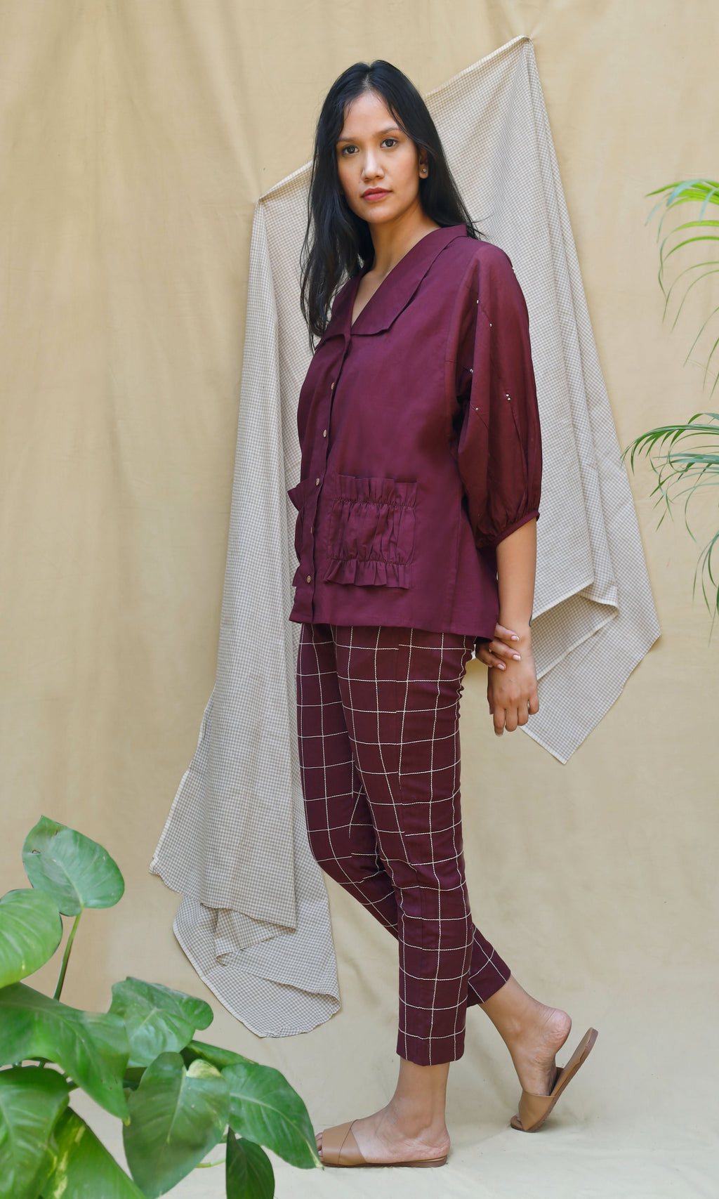 Maroon Collar Checks Complete Set at Kamakhyaa by Chambray & Co.. This item is Casual Wear, Co-ord Sets, Echo, Hand Spun Cotton, Linen, Natural, Purple, Regular Fit, Solids, Travel, Travel Co-ords, Womenswear