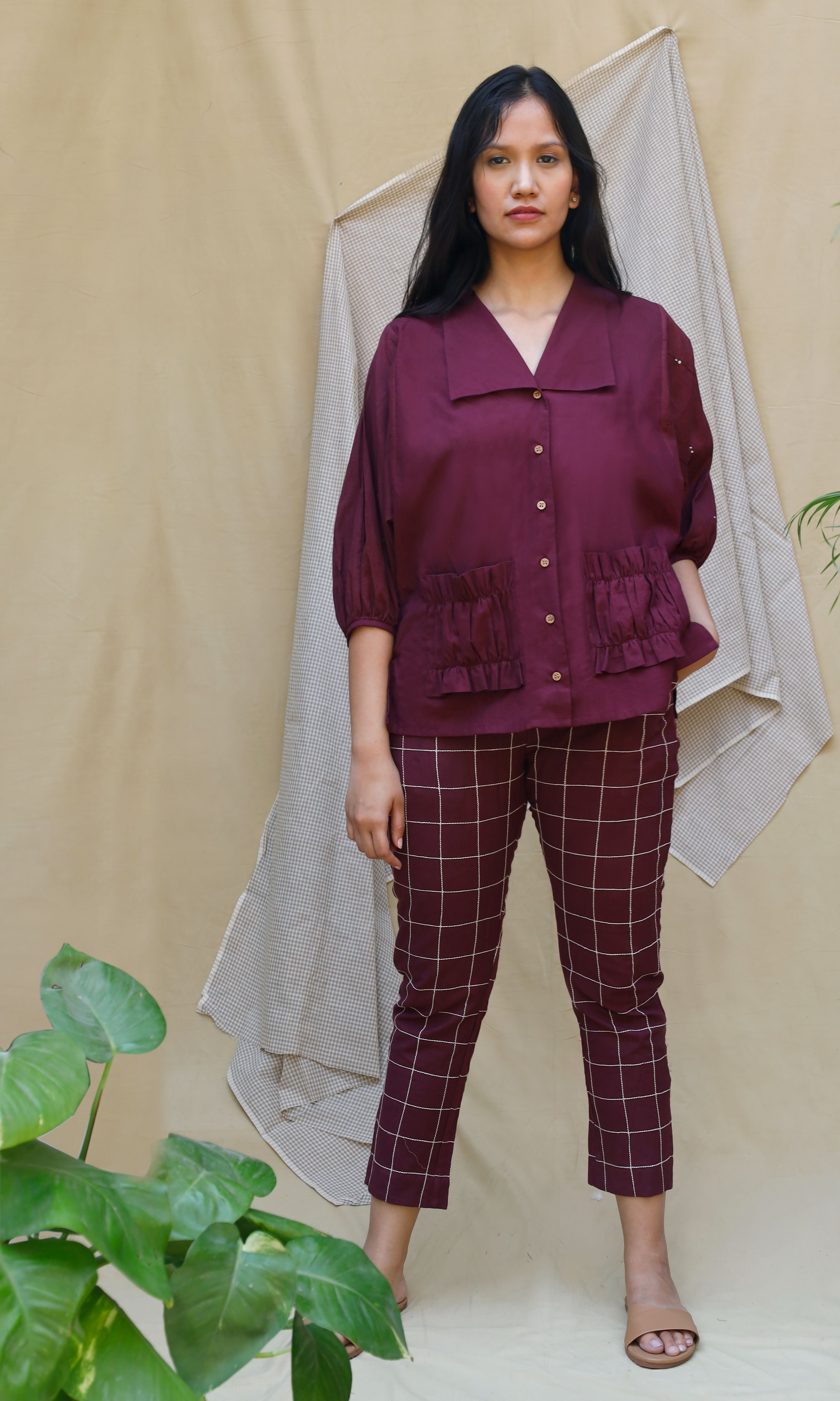 Maroon Collar Checks Complete Set at Kamakhyaa by Chambray & Co.. This item is Casual Wear, Co-ord Sets, Echo, Hand Spun Cotton, Linen, Natural, Purple, Regular Fit, Solids, Travel, Travel Co-ords, Womenswear