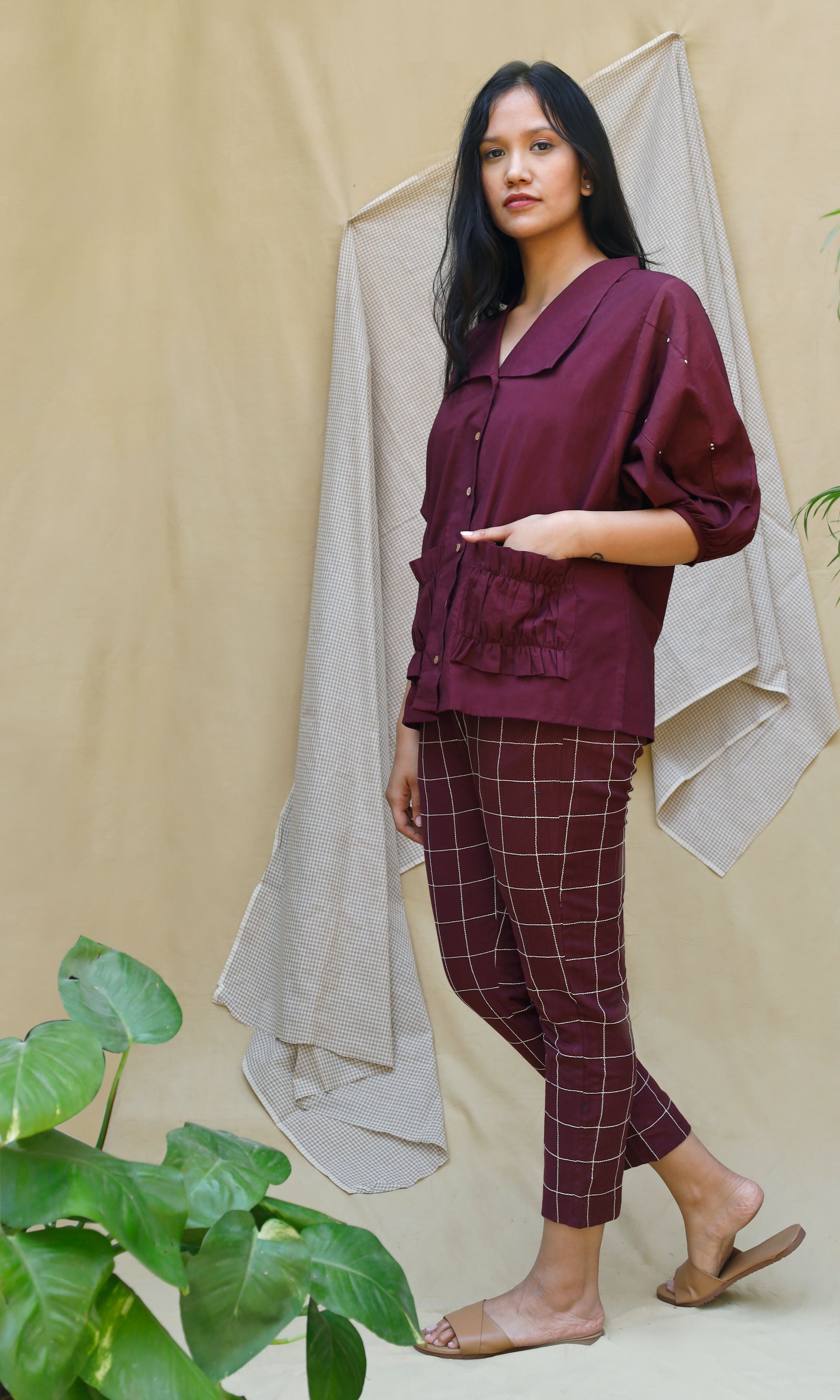 Maroon Collar Checks Complete Set at Kamakhyaa by Chambray & Co.. This item is Casual Wear, Co-ord Sets, Echo, Hand Spun Cotton, Linen, Natural, Purple, Regular Fit, Solids, Travel, Travel Co-ords, Womenswear