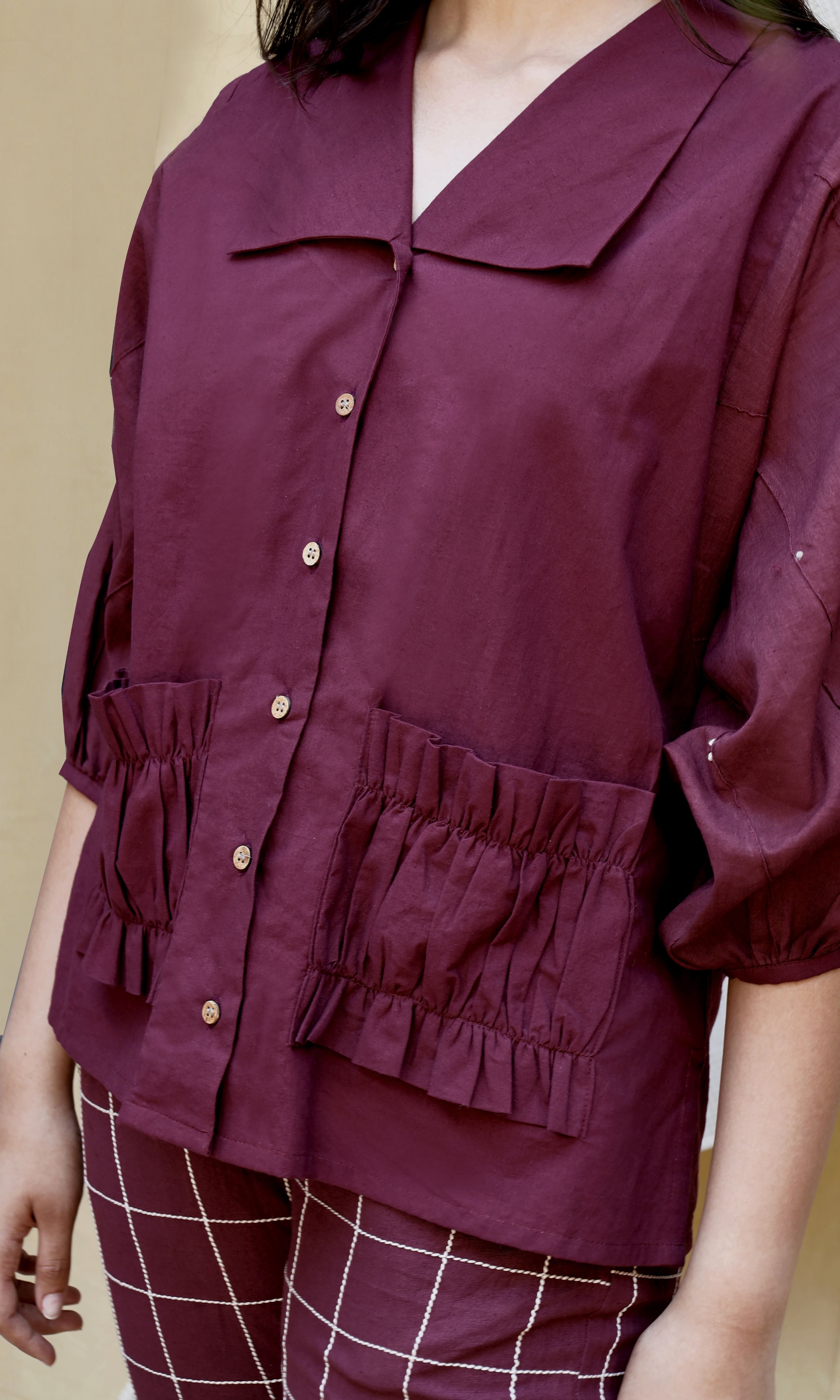 Maroon Collar Checks Complete Set at Kamakhyaa by Chambray & Co.. This item is Casual Wear, Co-ord Sets, Echo, Hand Spun Cotton, Linen, Natural, Purple, Regular Fit, Solids, Travel, Travel Co-ords, Womenswear