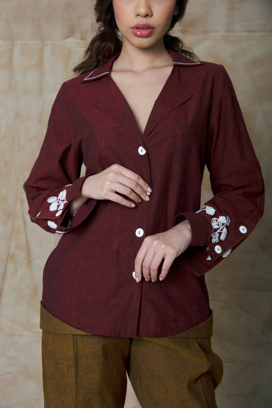 Maroon Collar Embroidered Shirt at Kamakhyaa by Anushé Pirani. This item is Embroidered, Handwoven Cotton, July Sale, July Sale 2023, Natural, Ocean of Stories, Office Wear, Red, Regular Fit, sale anushe pirani, Shirts, Tops, Womenswear