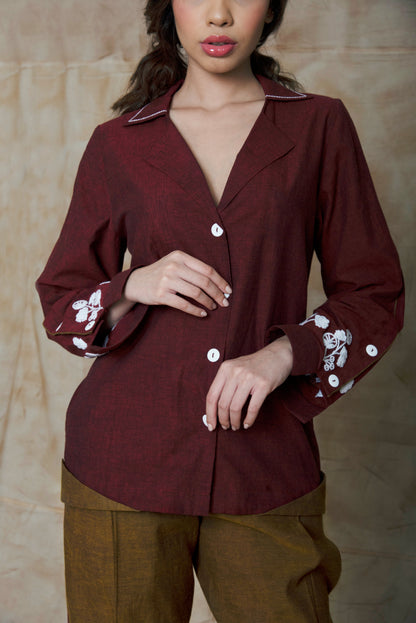 Maroon Collar Embroidered Shirt at Kamakhyaa by Anushé Pirani. This item is Embroidered, Handwoven Cotton, July Sale, July Sale 2023, Natural, Ocean of Stories, Office Wear, Red, Regular Fit, sale anushe pirani, Shirts, Tops, Womenswear