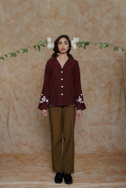 Maroon Collar Embroidered Shirt at Kamakhyaa by Anushé Pirani. This item is Embroidered, Handwoven Cotton, July Sale, July Sale 2023, Natural, Ocean of Stories, Office Wear, Red, Regular Fit, sale anushe pirani, Shirts, Tops, Womenswear