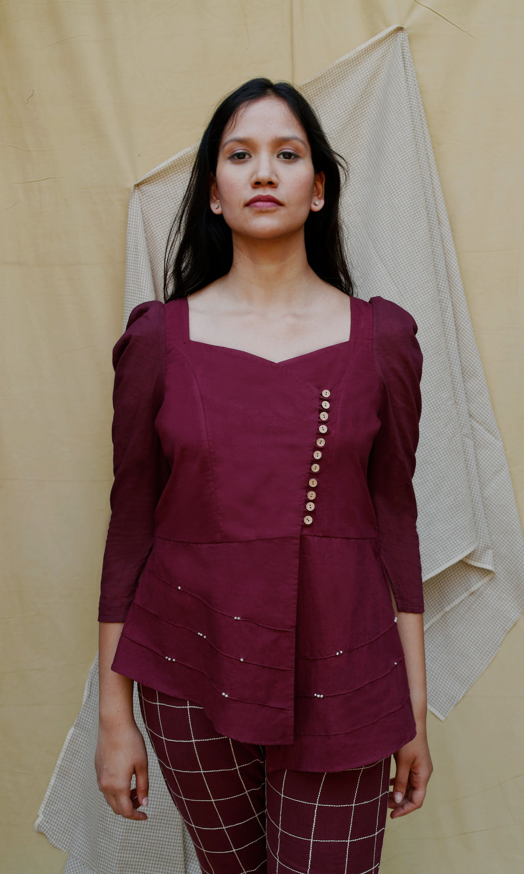Maroon Linen Full Sleeve Complete Set at Kamakhyaa by Chambray & Co.. This item is Casual Wear, Co-ord Sets, Echo, Hand Spun Cotton, Linen, Natural, Office, Office Wear Co-ords, Purple, Regular Fit, Solids, Womenswear