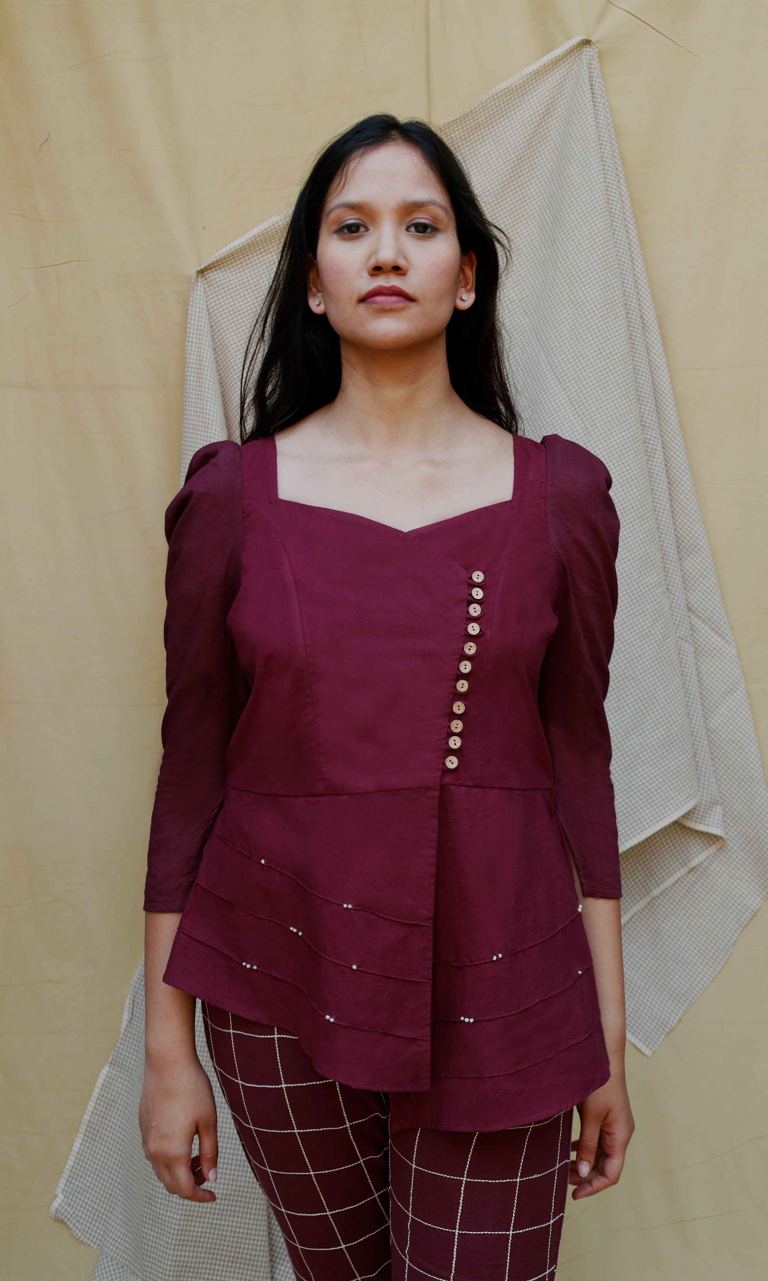 Maroon Linen Full Sleeve Complete Set at Kamakhyaa by Chambray & Co.. This item is Casual Wear, Co-ord Sets, Echo, Hand Spun Cotton, Linen, Natural, Office, Office Wear Co-ords, Purple, Regular Fit, Solids, Womenswear