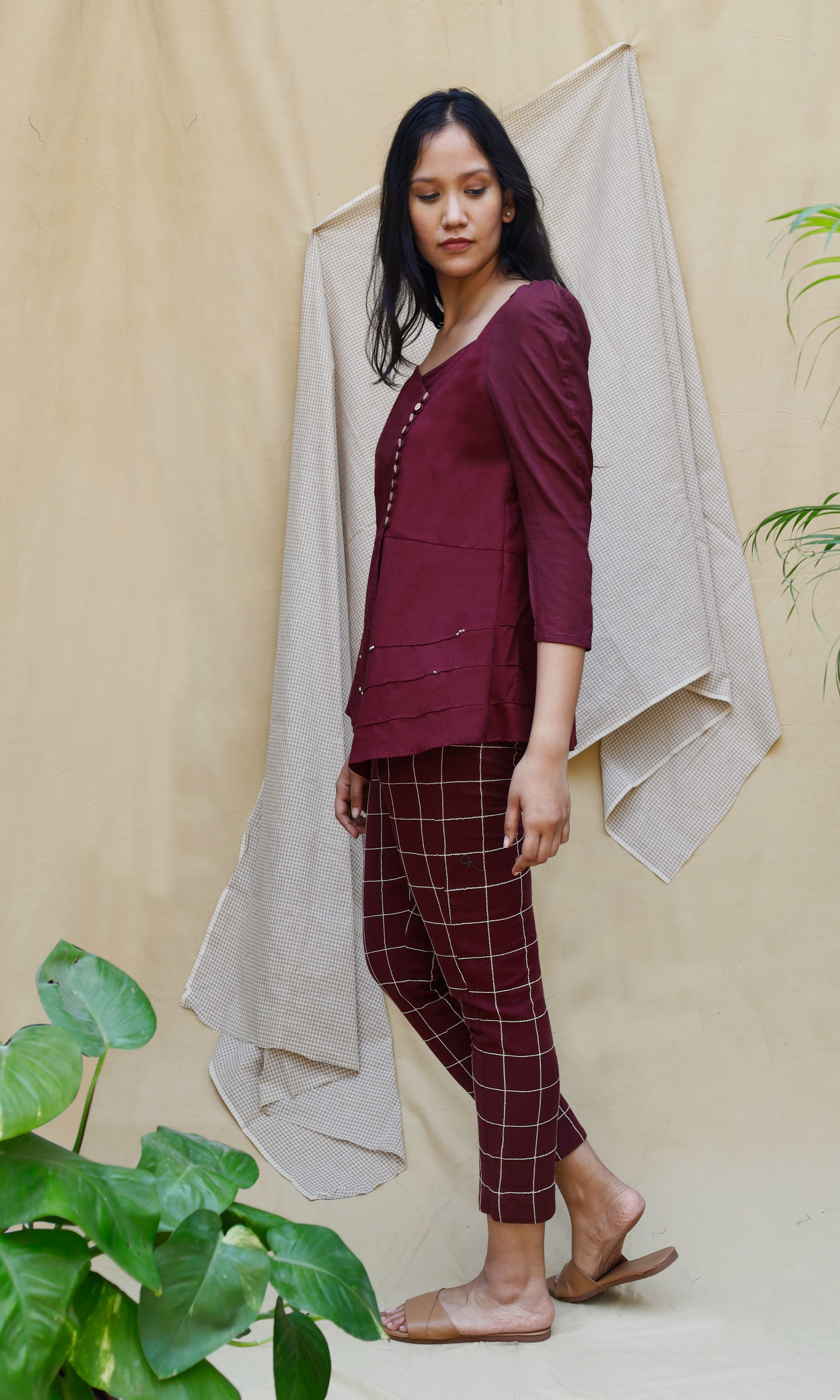 Maroon Linen Full Sleeve Complete Set at Kamakhyaa by Chambray & Co.. This item is Casual Wear, Co-ord Sets, Echo, Hand Spun Cotton, Linen, Natural, Office, Office Wear Co-ords, Purple, Regular Fit, Solids, Womenswear