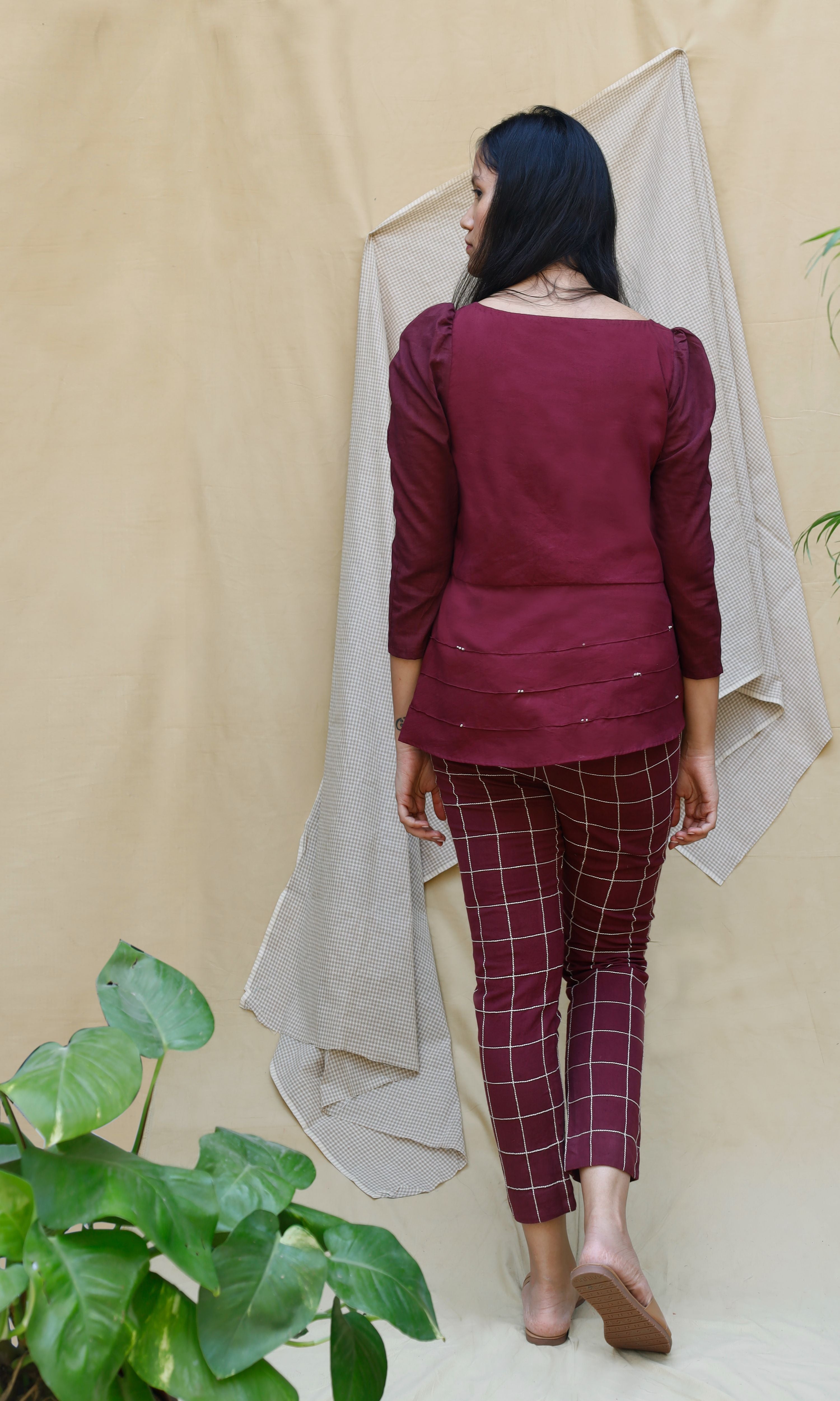 Maroon Linen Full Sleeve Complete Set at Kamakhyaa by Chambray & Co.. This item is Casual Wear, Co-ord Sets, Echo, Hand Spun Cotton, Linen, Natural, Office, Office Wear Co-ords, Purple, Regular Fit, Solids, Womenswear