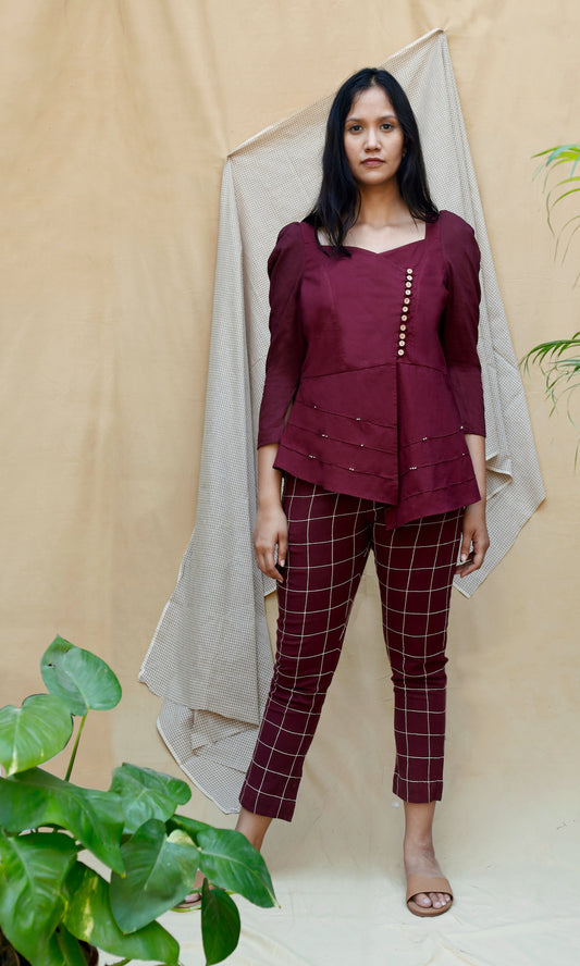 Maroon Linen Full Sleeve Complete Set at Kamakhyaa by Chambray & Co.. This item is Casual Wear, Co-ord Sets, Echo, Hand Spun Cotton, Linen, Natural, Office, Office Wear Co-ords, Purple, Regular Fit, Solids, Womenswear