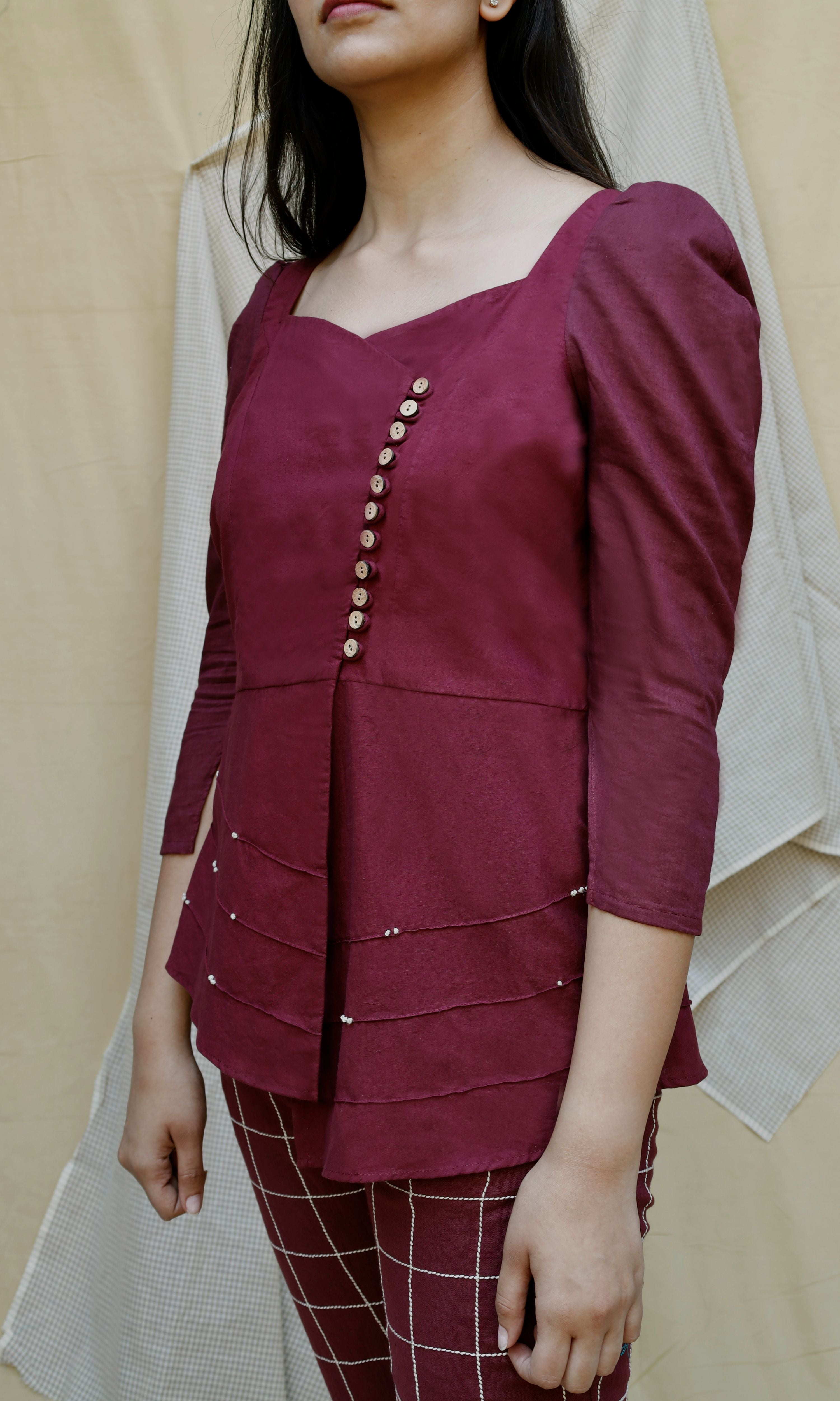 Maroon Linen Full Sleeve Complete Set at Kamakhyaa by Chambray & Co.. This item is Casual Wear, Co-ord Sets, Echo, Hand Spun Cotton, Linen, Natural, Office, Office Wear Co-ords, Purple, Regular Fit, Solids, Womenswear
