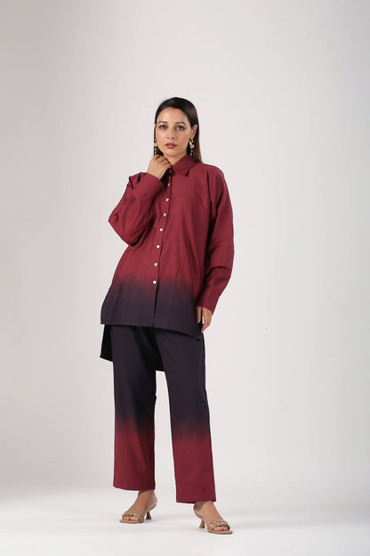 Maroon Ombre Co Ord Set at Kamakhyaa by MOH-The Eternal Dhaga. This item is 100% pure cotton, Cotton, Maroon, Moh-The eternal Dhaga, Multicolor, Natural, Office Wear, Office Wear Co-ords, Ombre and Dyes, Regular Fit, Womenswear