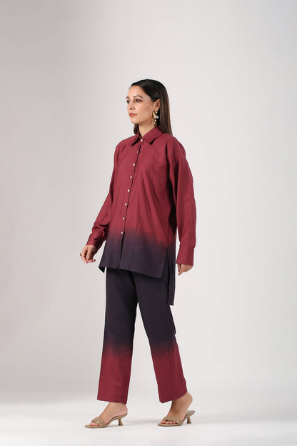 Maroon Ombre Co Ord Set at Kamakhyaa by MOH-The Eternal Dhaga. This item is 100% pure cotton, Cotton, Maroon, Moh-The eternal Dhaga, Multicolor, Natural, Office Wear, Office Wear Co-ords, Ombre and Dyes, Regular Fit, Womenswear